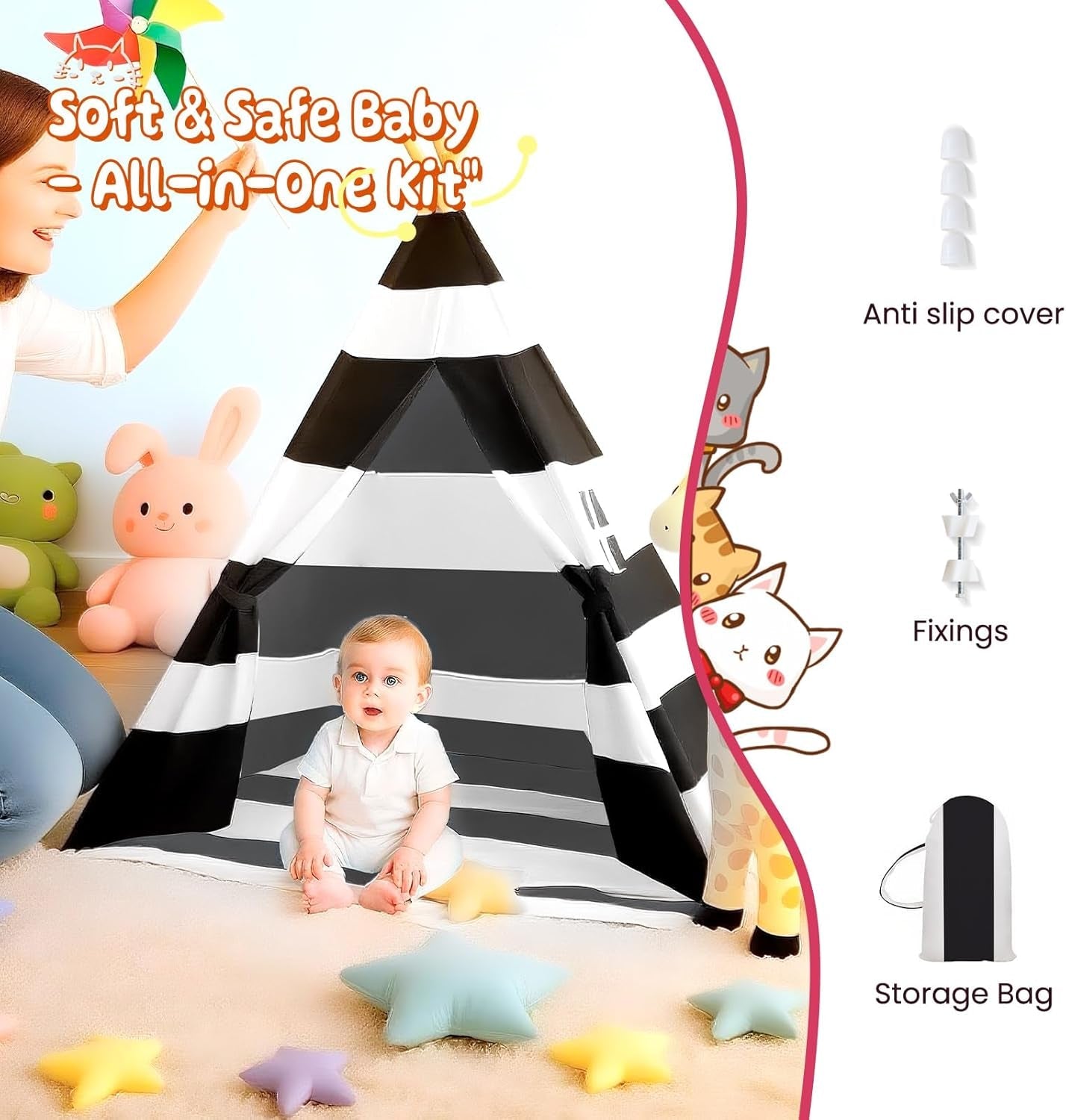 Kids Teepee Tent Ultra Portable CarryBag StripeBlack