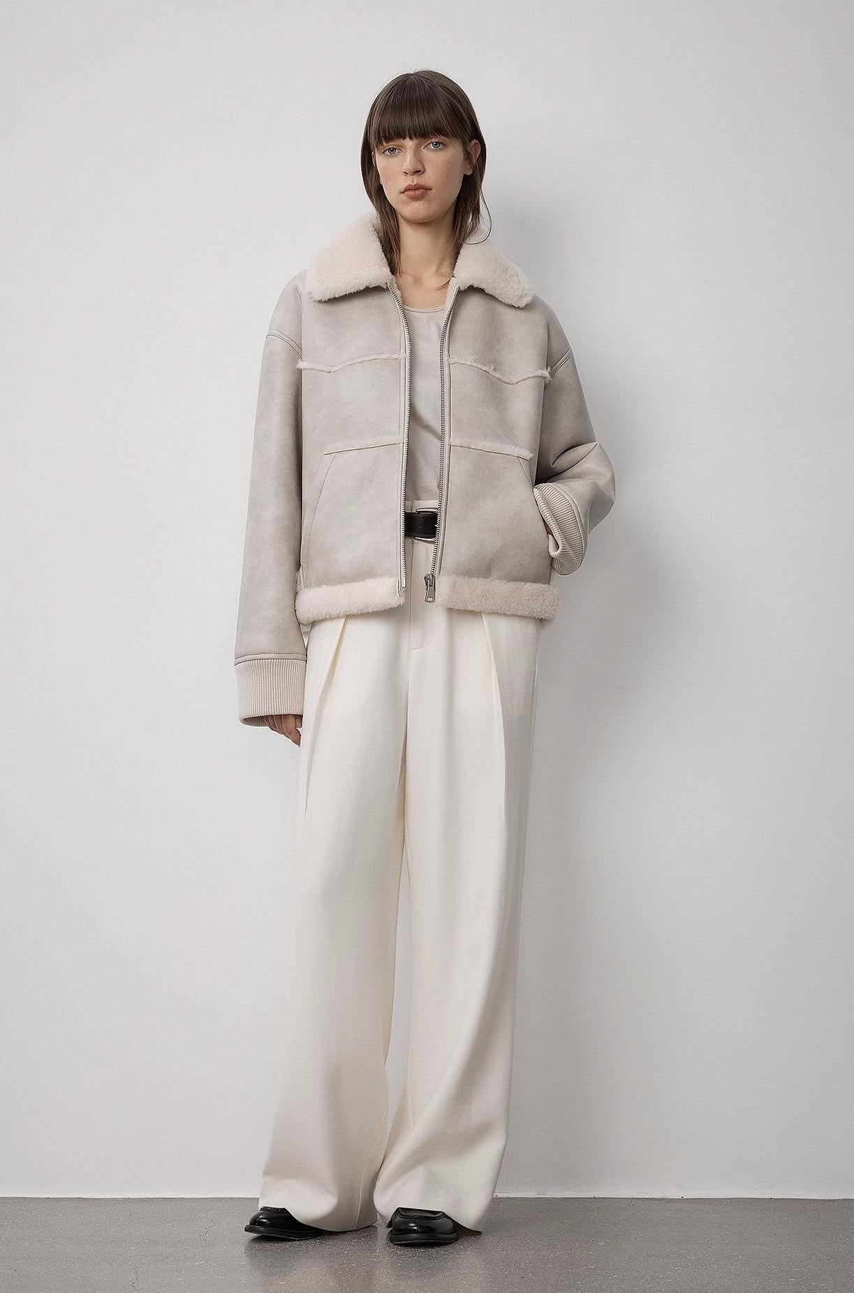 "Makino's Fun" Lapel Wool Artificial Compound Leather Short Style Shearling Jacket