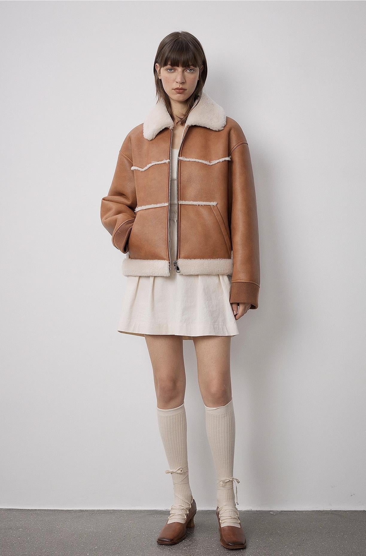"Makino's Fun" Lapel Wool Artificial Compound Leather Short Style Shearling Jacket