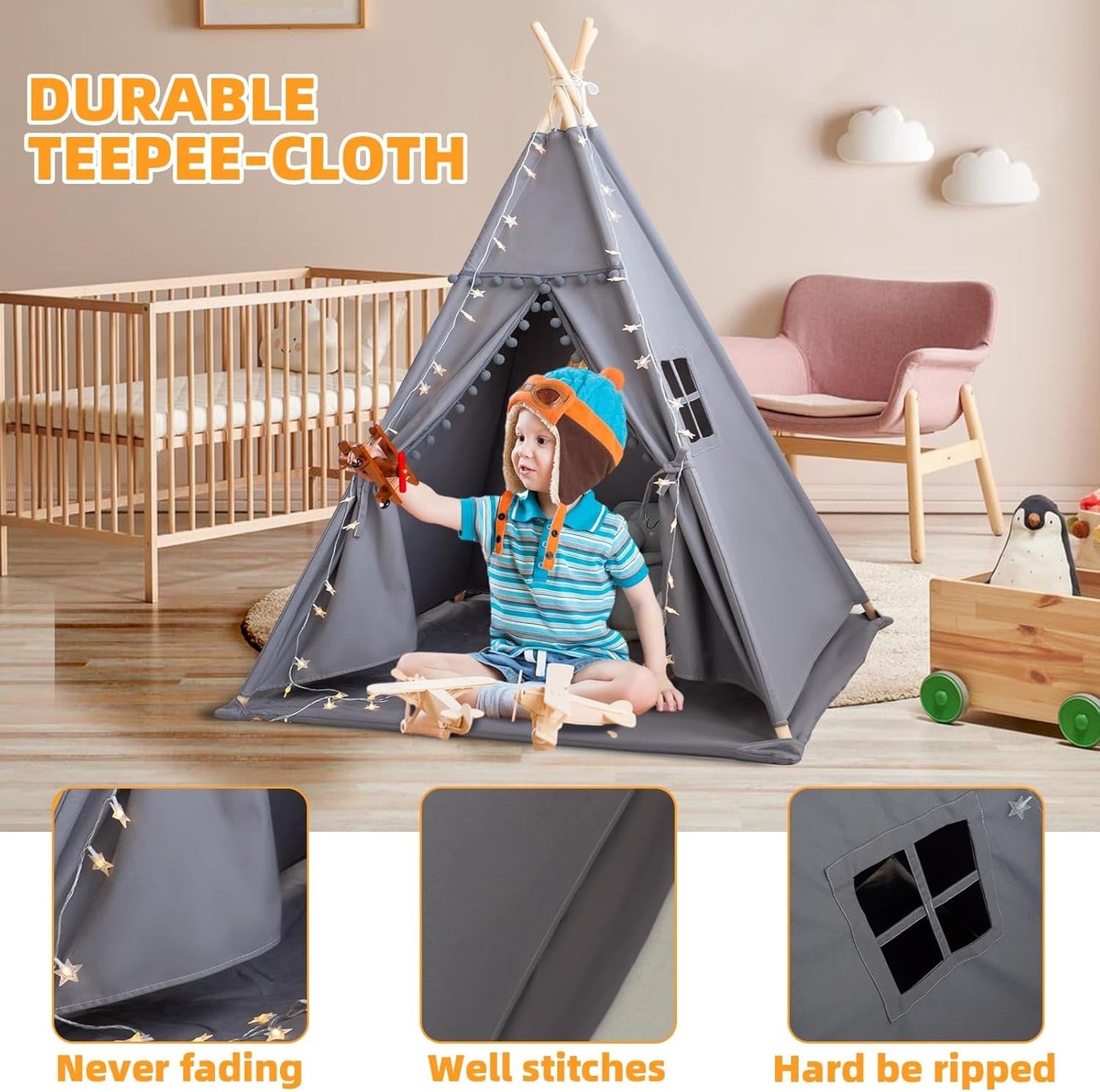 Grey Ultra Sof tDeluxe Cotton Canvas Teepee Tent For Kids