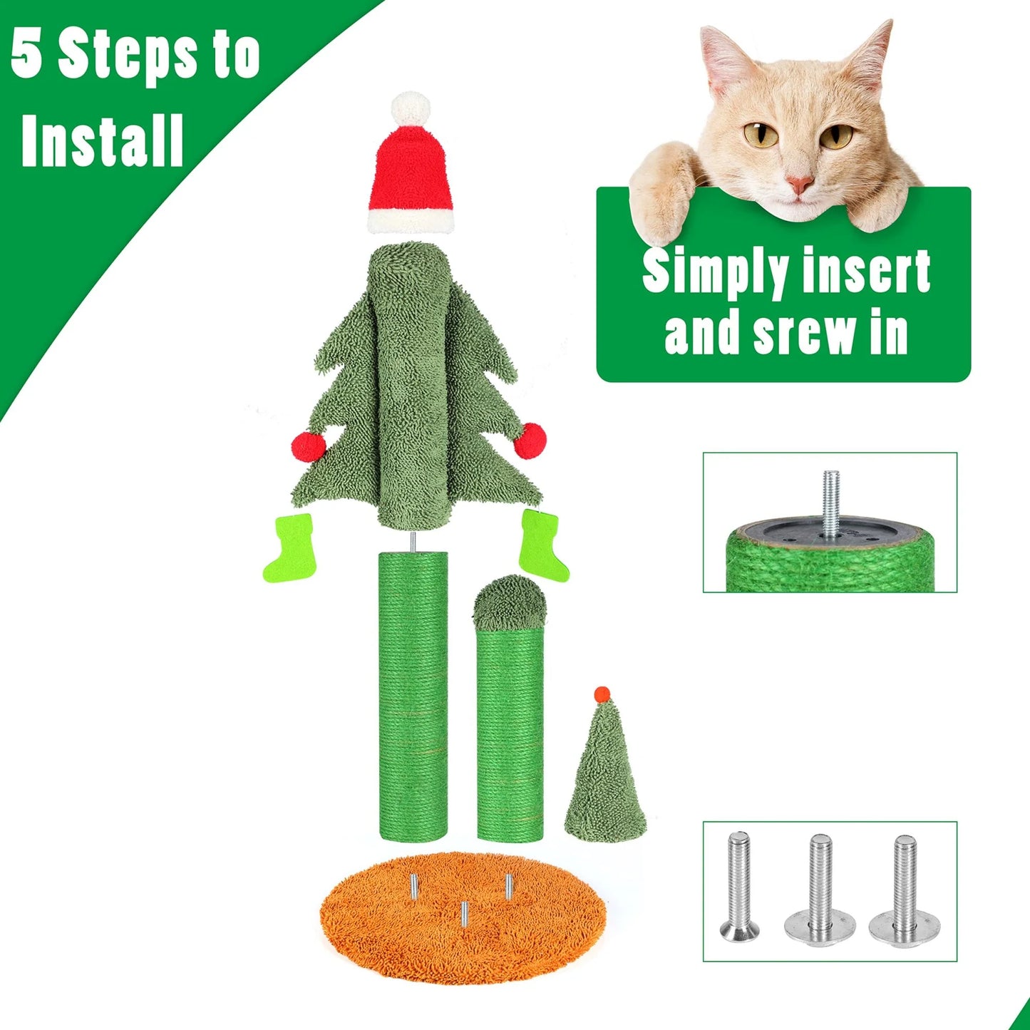 32'' Cat Scratching Post, Tall Christmas Tree Cat Scratcher with 3 Posts and Cute Dangling Teaser Balls, Natural Sisal Rope Cat Toys for Kitty and Adult Cats