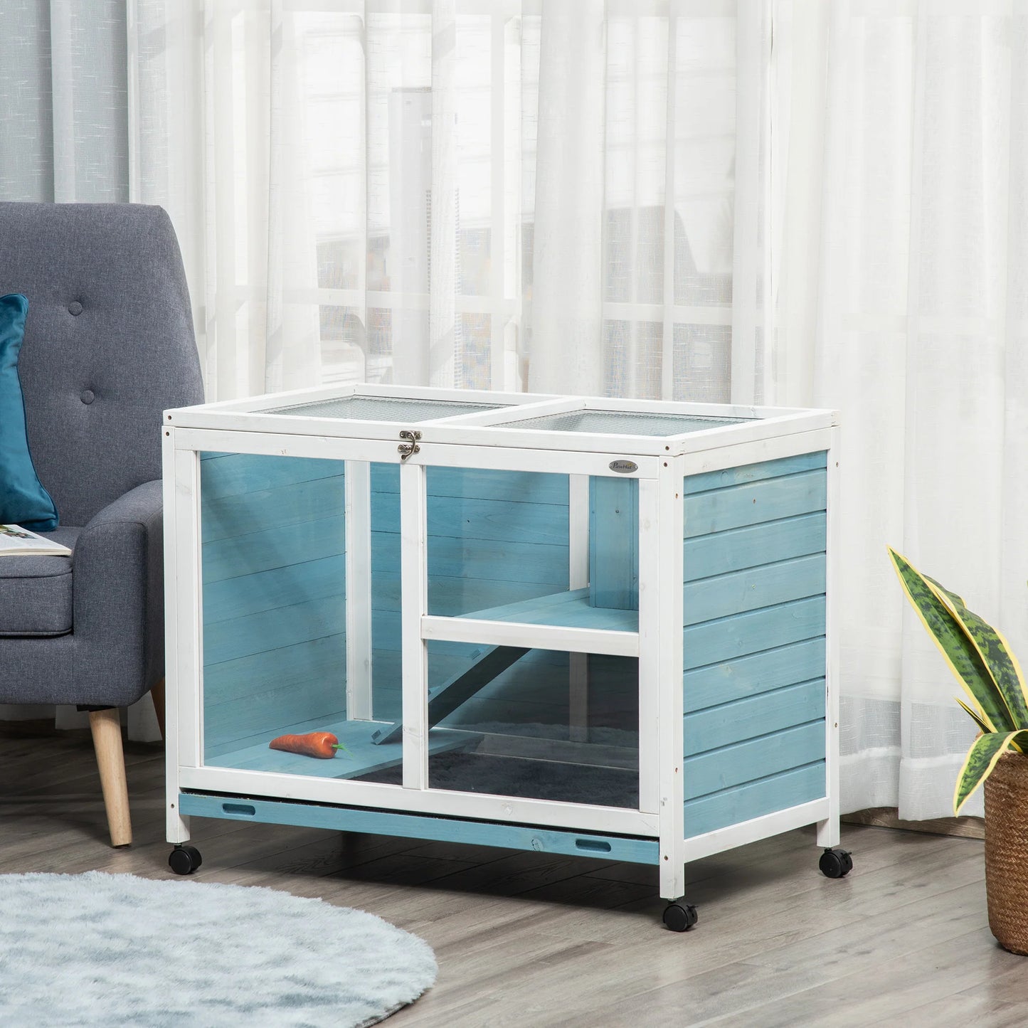 PawHut Indoor Rabbit Hutch with Wheels, Desk and Side Table Sized, Wood Rabbit Cage, Waterproof Small Rabbit Cage, Light Blue