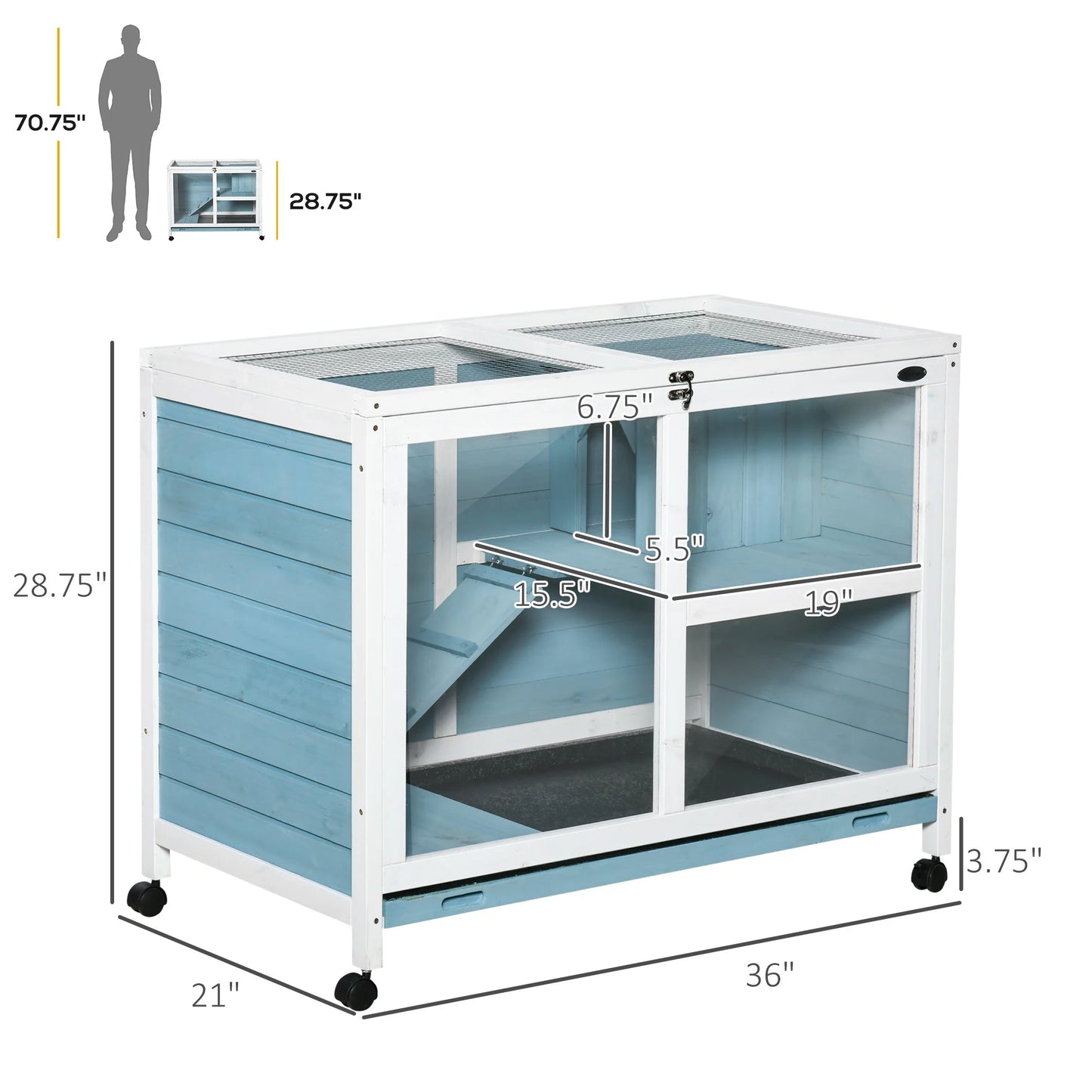 PawHut Indoor Rabbit Hutch with Wheels, Desk and Side Table Sized, Wood Rabbit Cage, Waterproof Small Rabbit Cage, Light Blue