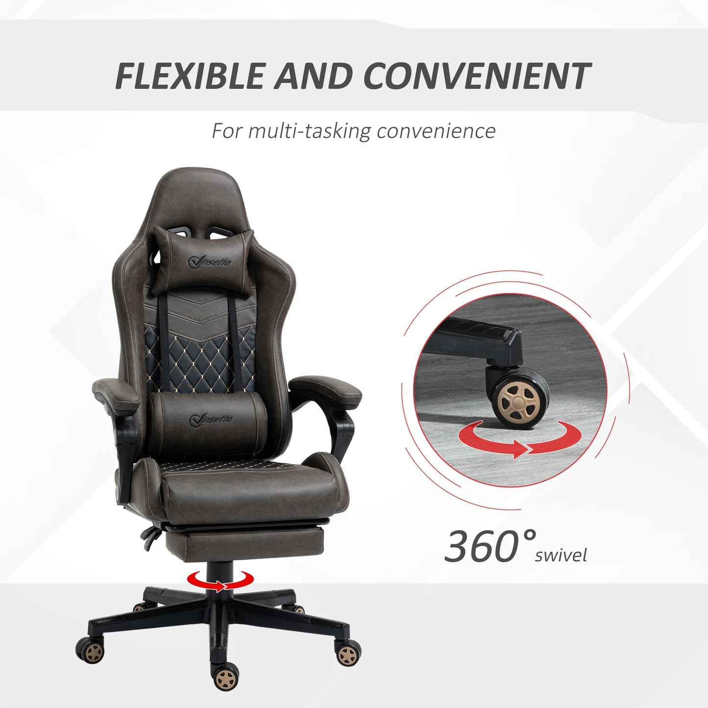 Vinsetto Racing Gaming Chair Diamond PU Leather Office Gamer Chair High Back Swivel Recliner with Footrest, Lumbar Support, Adjustable Height, Brown