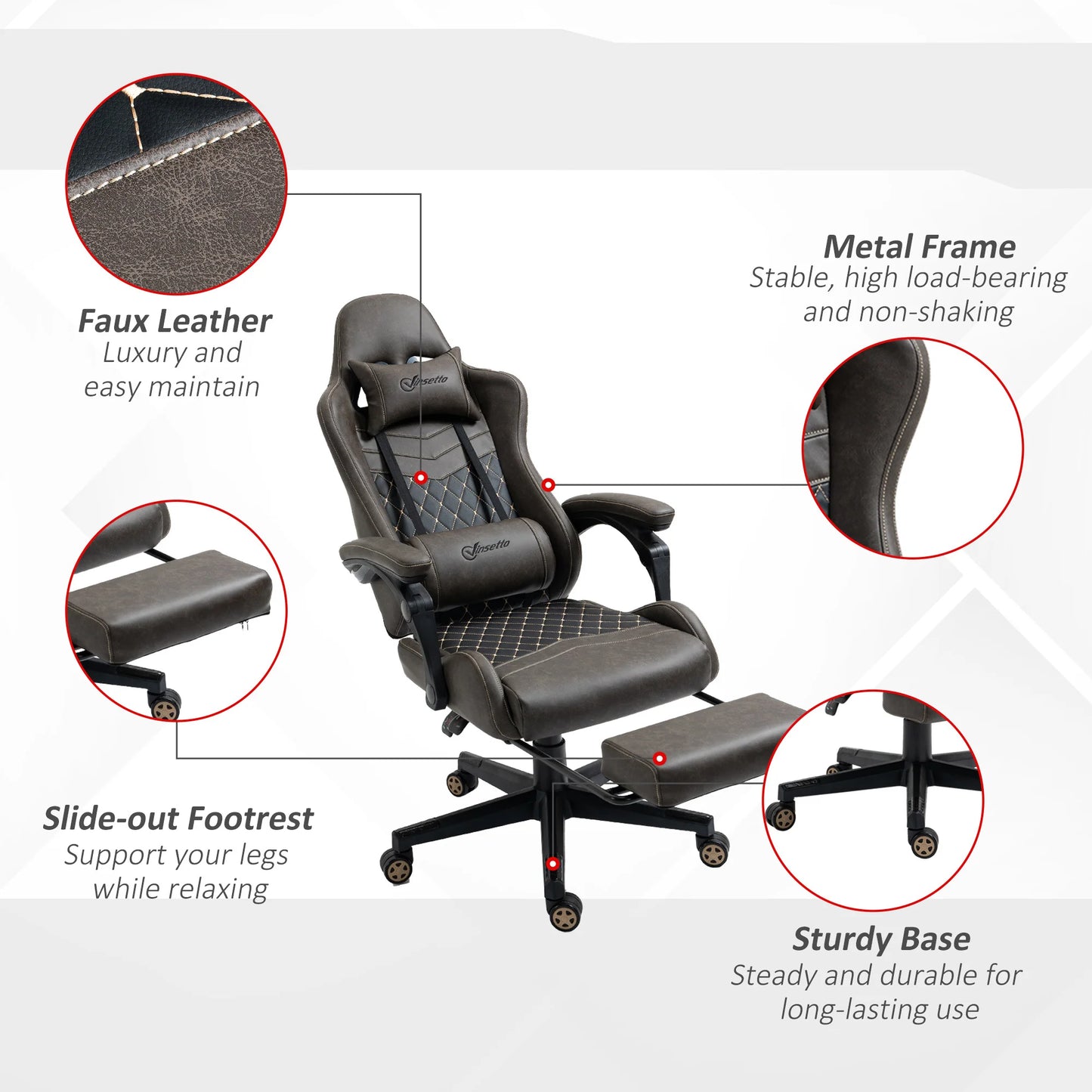 Vinsetto Racing Gaming Chair Diamond PU Leather Office Gamer Chair High Back Swivel Recliner with Footrest, Lumbar Support, Adjustable Height, Brown