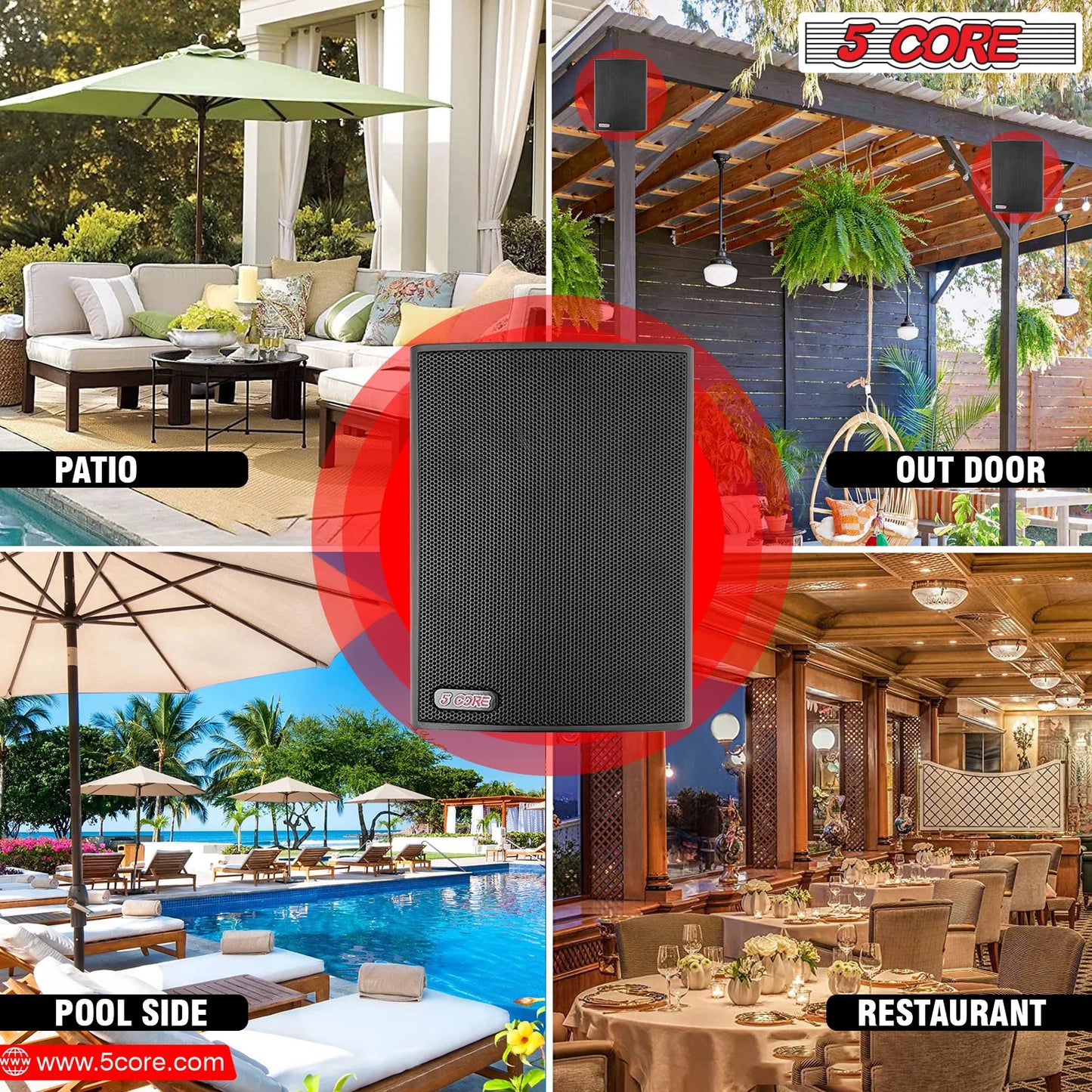 5 Core Outdoor Speakers Stereo In Wall Speaker Pair 100W Peak Passive Outside Surface Mount Wired Waterproof Patio House Garage Indoor Exterior Audio System Out Door Bocinas Para Casa - 13T BLK 1PK