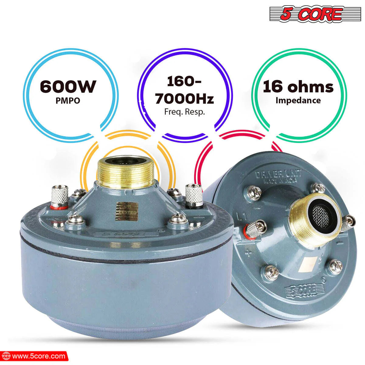 5 Core Compression Driver 600W Peak Aluminium Tweeter Diaphragm 16 Ohm Throat Twist Horn Speaker: DU 60W