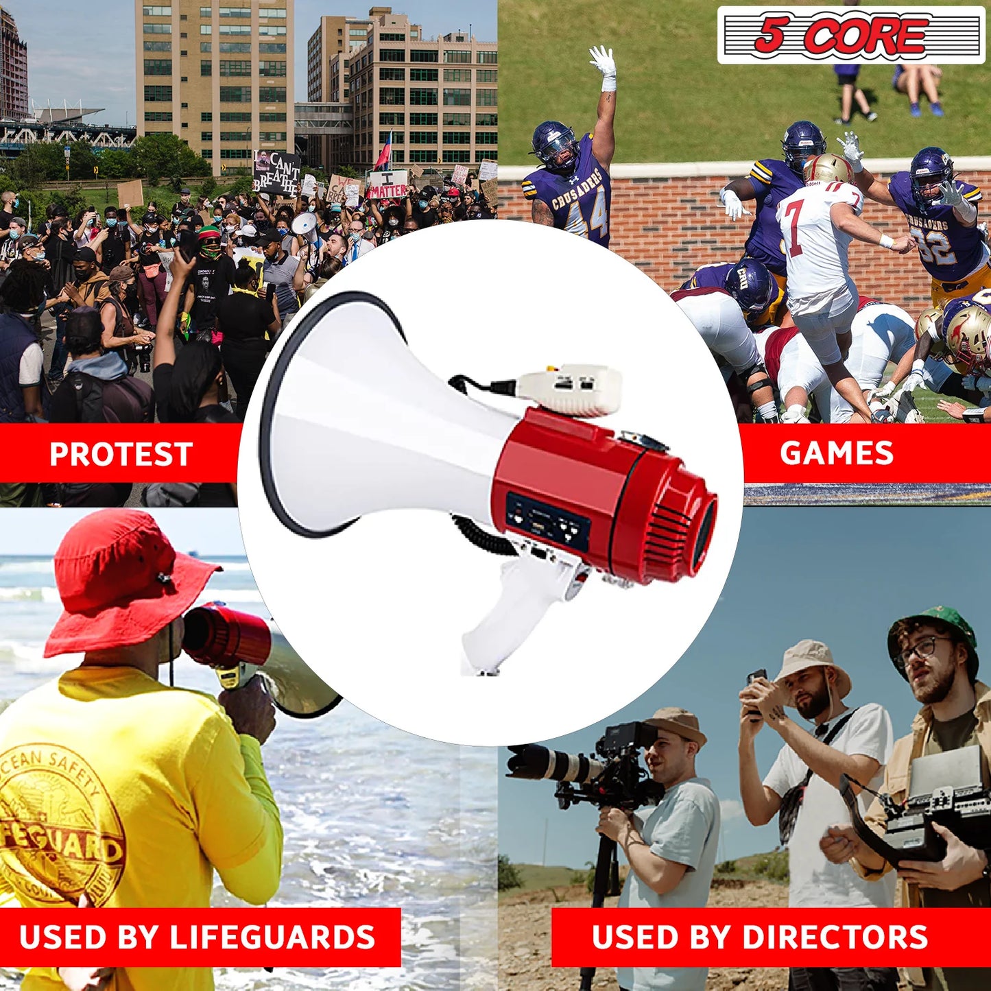 5 Core Megaphone Bullhorn Speaker 60W Professional Bull Horn Battery Power Cheer Megafono 1200 Ft Range Loudspeaker W Siren Recording Ergonomic Handle for Coaches Football Baseball Director - 77SF