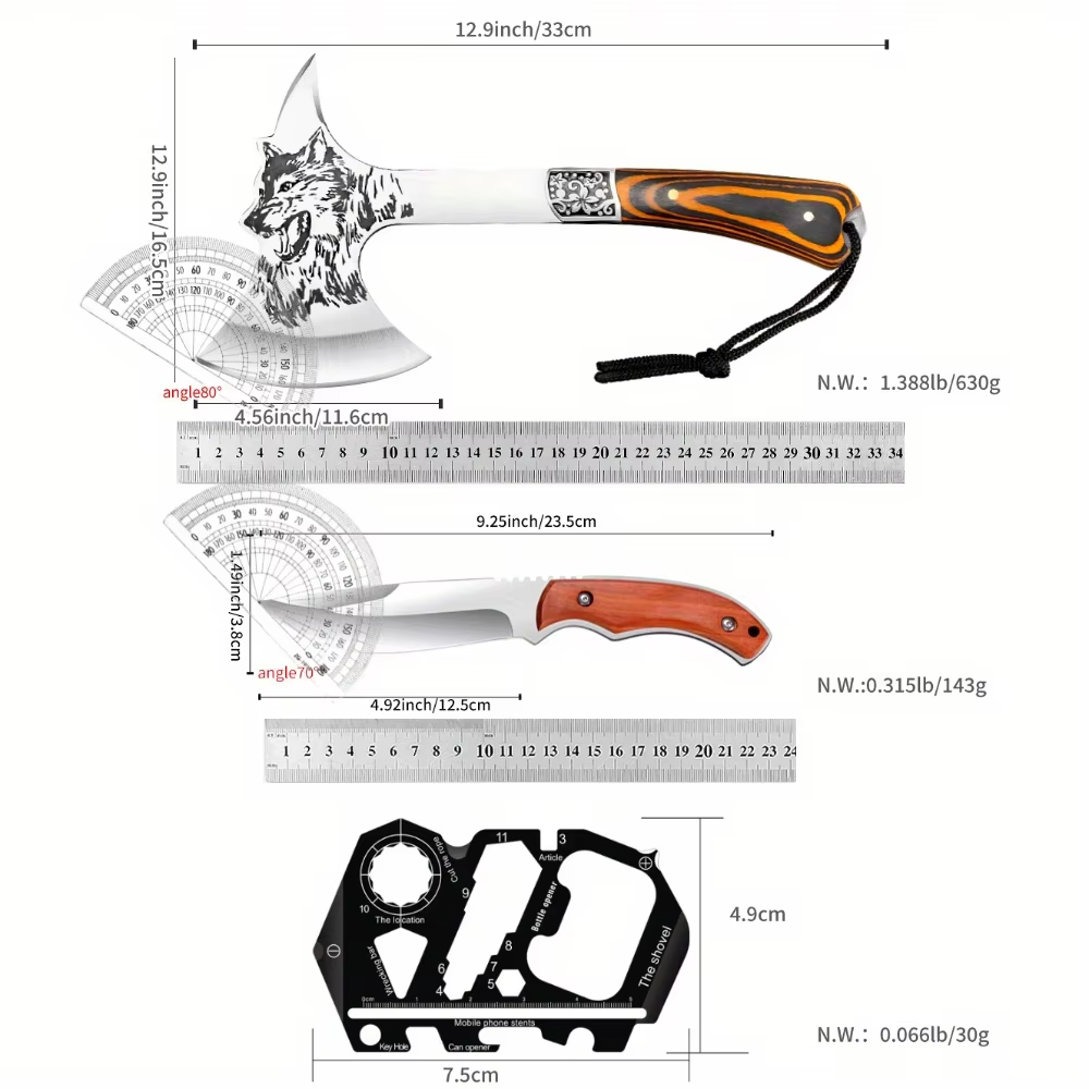 Outdoor Tactical Axe Multi-Functional Camping Tool | Solid Wood Handle Hatchet | Non-Slip Survival Axe for Camping, BBQ & Hiking
