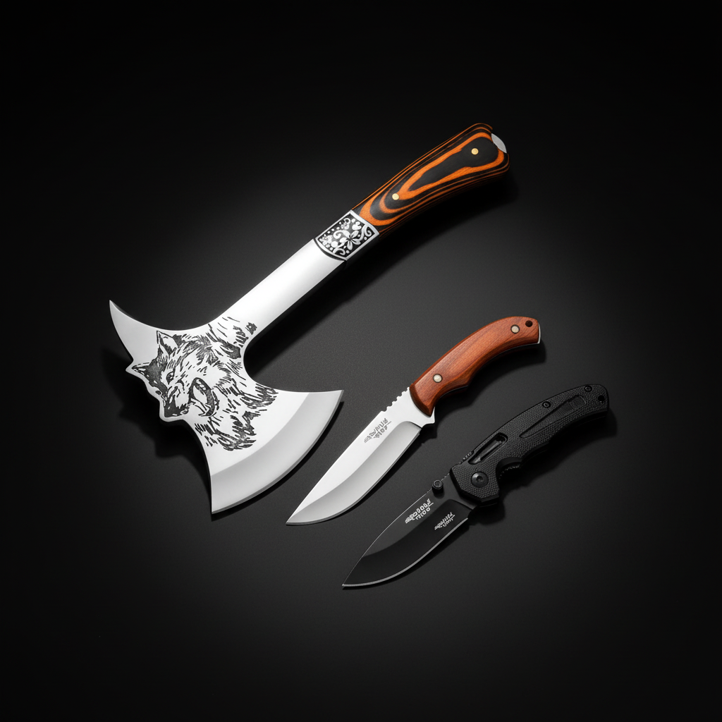 Outdoor Tactical Axe Multi-Functional Camping Tool | Solid Wood Handle Hatchet | Non-Slip Survival Axe for Camping, BBQ & Hiking