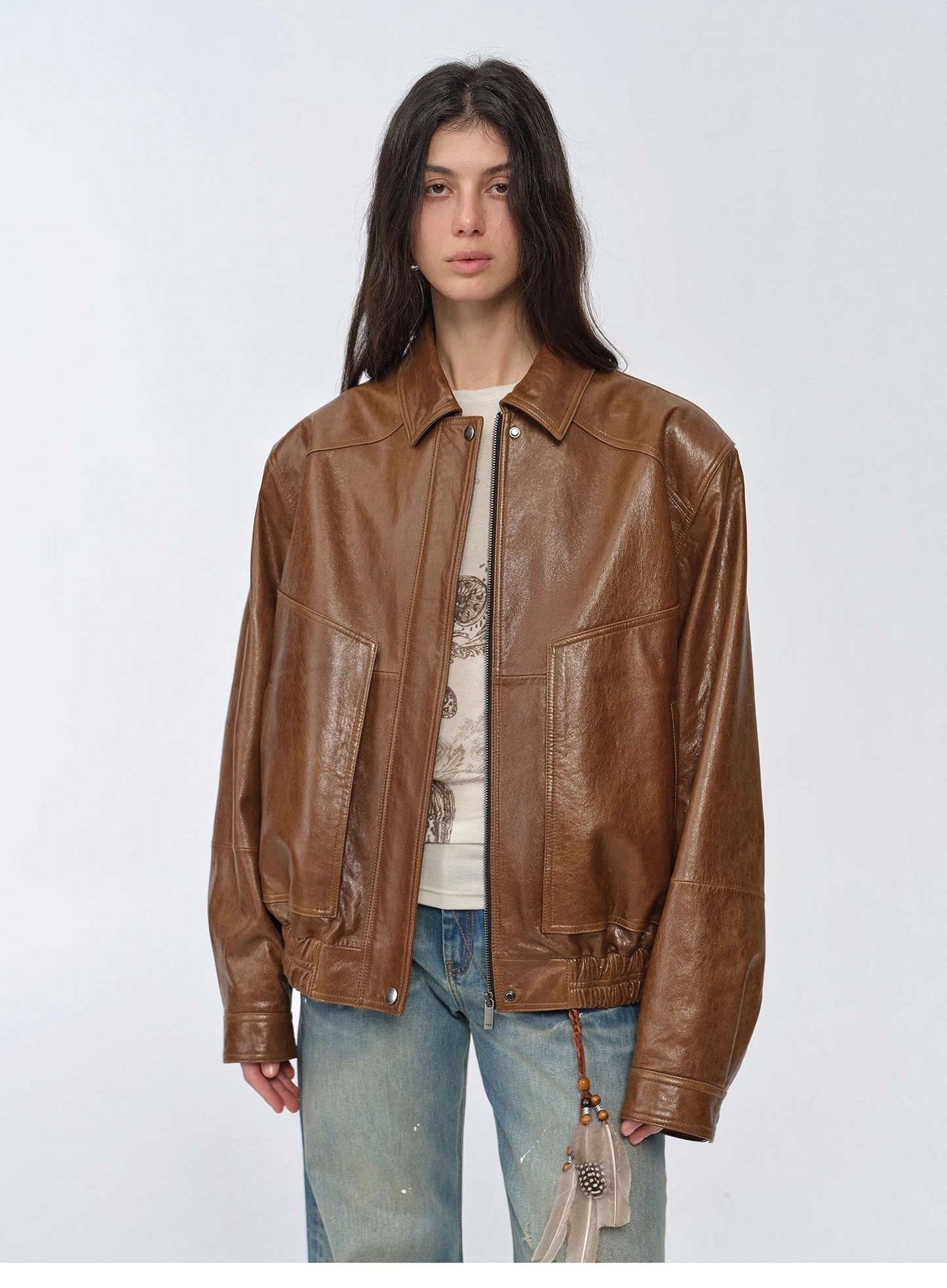"Fashionable Luke" imported waxed sheep leather retro work jacket coat for women
