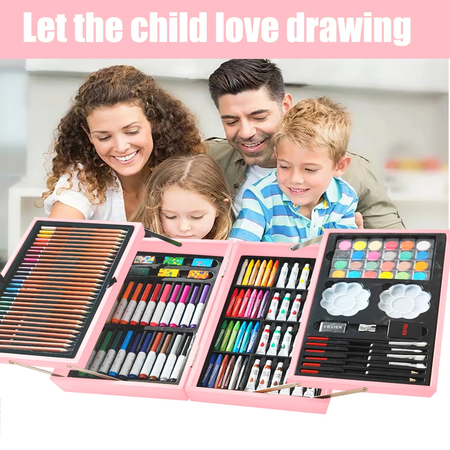 139 Pack Deluxe Portable Double Layers Wooden Coloring Drawing Kit with Sketch Pads, Art Set Gift for Artist Adults Beginners Kids (Pink)