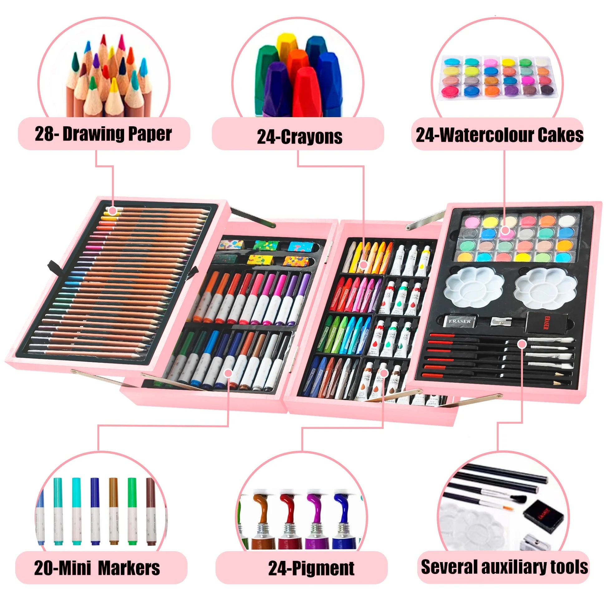 139 Pack Deluxe Portable Double Layers Wooden Coloring Drawing Kit with Sketch Pads, Art Set Gift for Artist Adults Beginners Kids (Pink)