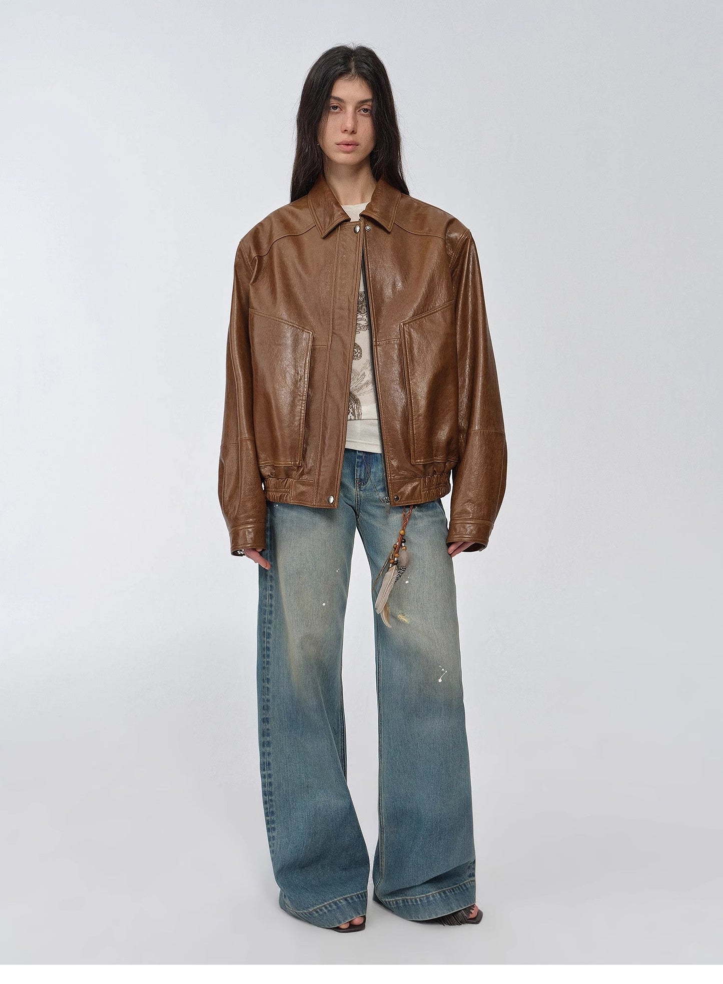 "Fashionable Luke" imported waxed sheep leather retro work jacket coat for women