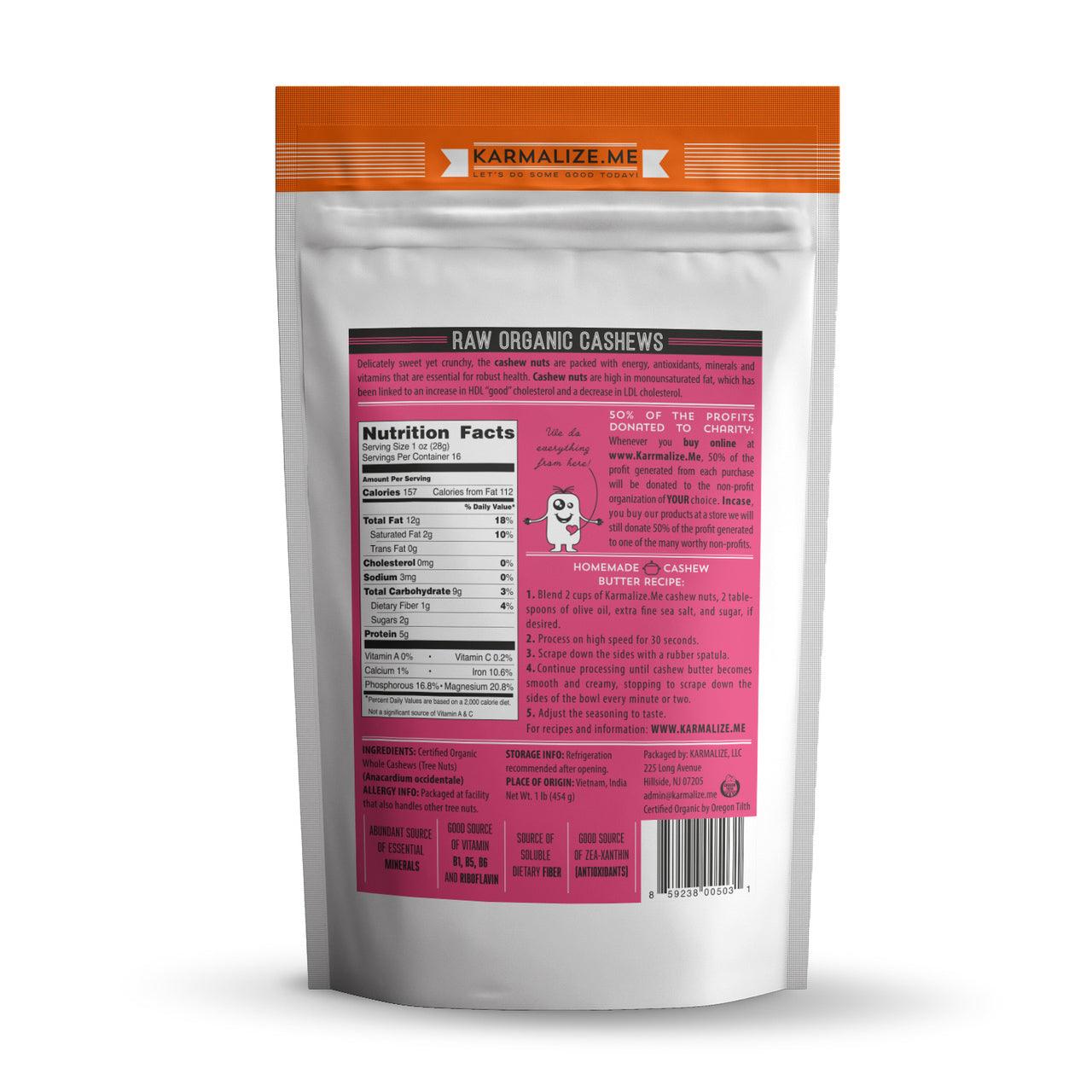 100% Raw Organic Cashews, Whole - 1lb