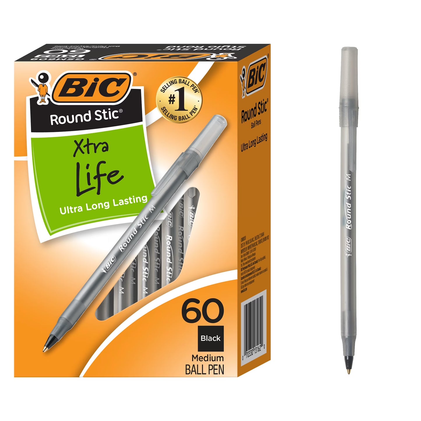 round Stic Xtra Life Ballpoint Pen, Medium Point 1.0 Mm, Black Ink - 60 Pack