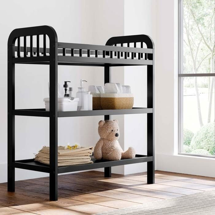 Baby Changing Table in Black Wood Finish with Safety Rail and Changing Pad
