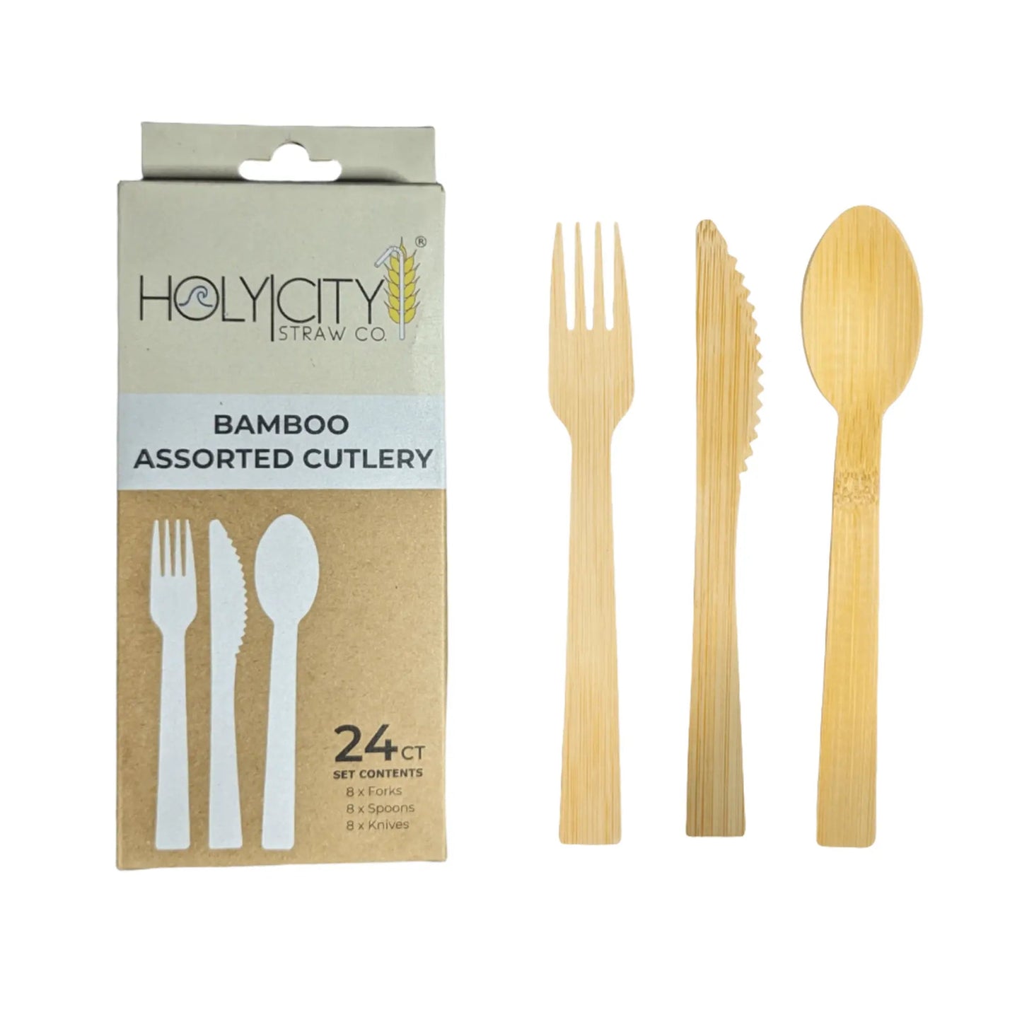 6.7" Assorted Bamboo Cutlery Set | 24ct. (8x each)