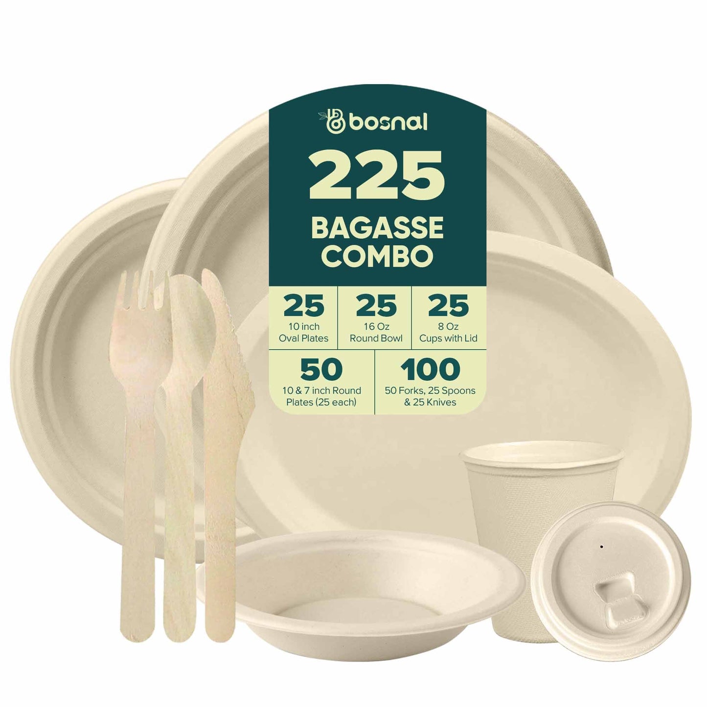 Bosnal – Sugarcane Bagasse Compostable 10 inch & 7 inch Round Plates, 10 inch Oval Plates, 16 Oz Bowls, 8 Oz Cups with Lids & Cutlery