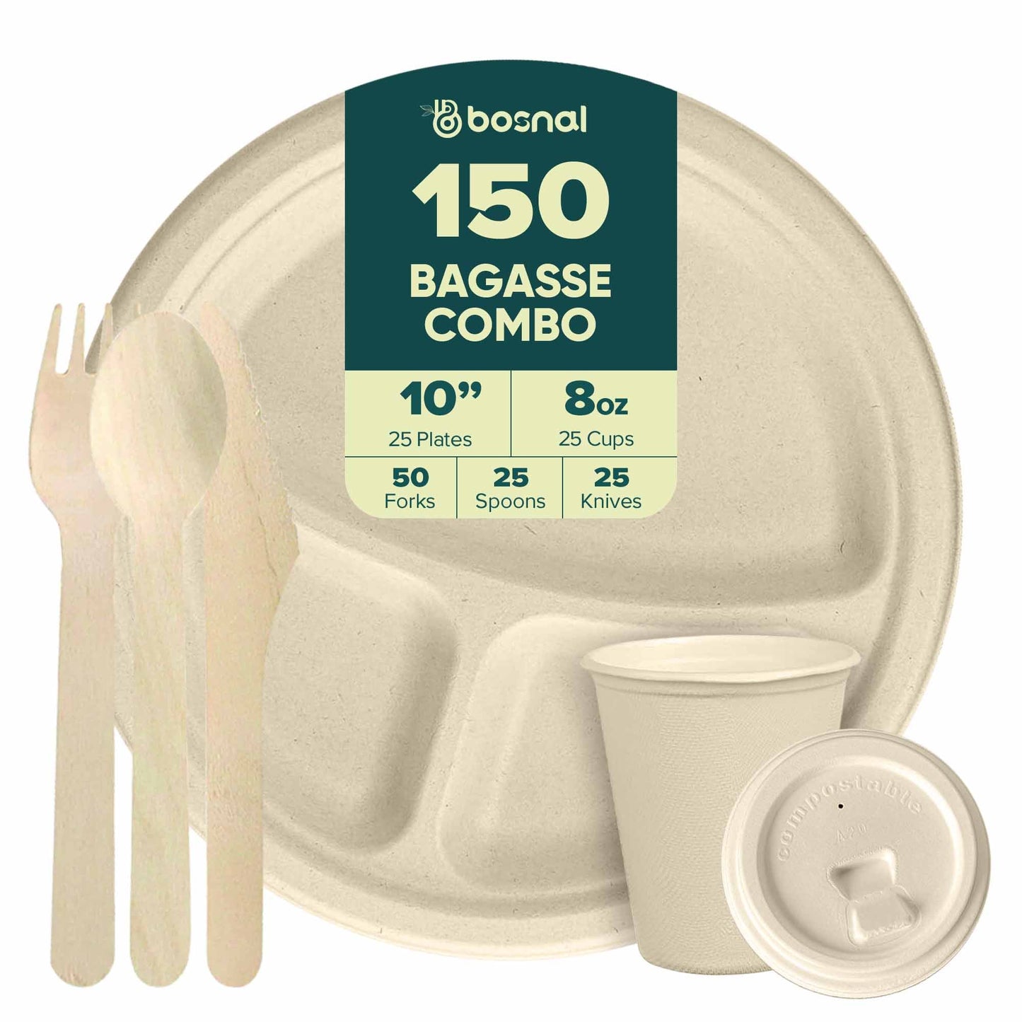 Bosnal – Sugarcane Bagasse Compostable 3-Compartment Round Plates & 8 Oz Cups with Lids & Cutlery