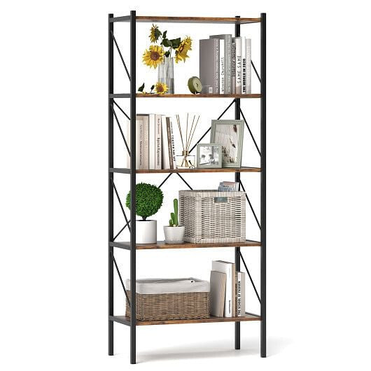 5-Tier Bookshelf with Open Shelves and Heavy Duty Metal Frame-Rustic Brown