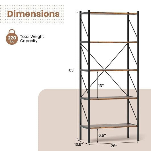 5-Tier Bookshelf with Open Shelves and Heavy Duty Metal Frame-Rustic Brown