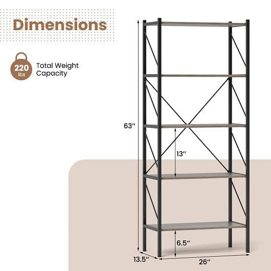 5-Tier Bookshelf with Open Shelves and Heavy Duty Metal Frame-Rustic Brown