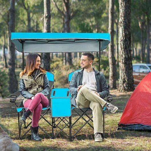 Portable Folding Camping Canopy Chairs with Cup Holder-Blue