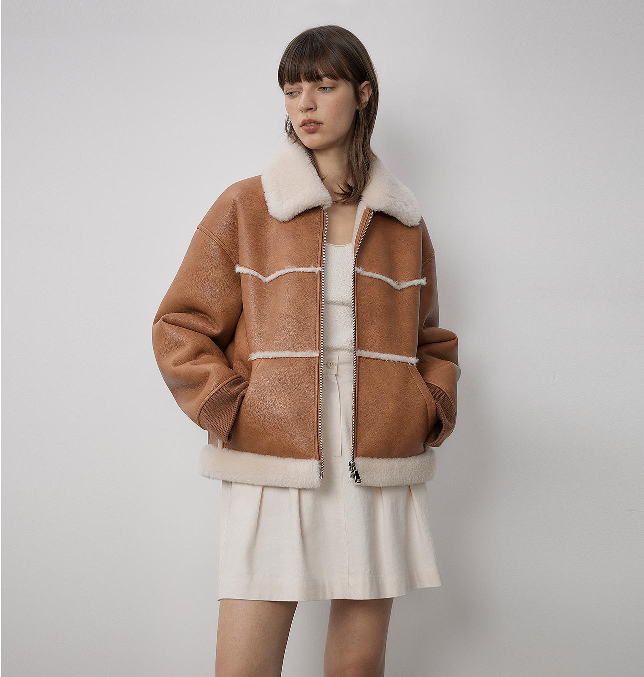 "Makino's Fun" Lapel Wool Artificial Compound Leather Short Style Shearling Jacket
