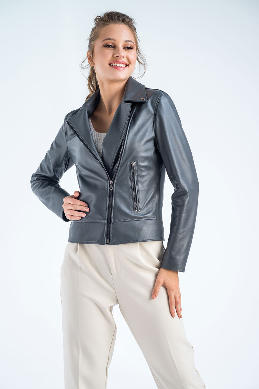 Gray Genuine Classic Cut Leather Jacket
