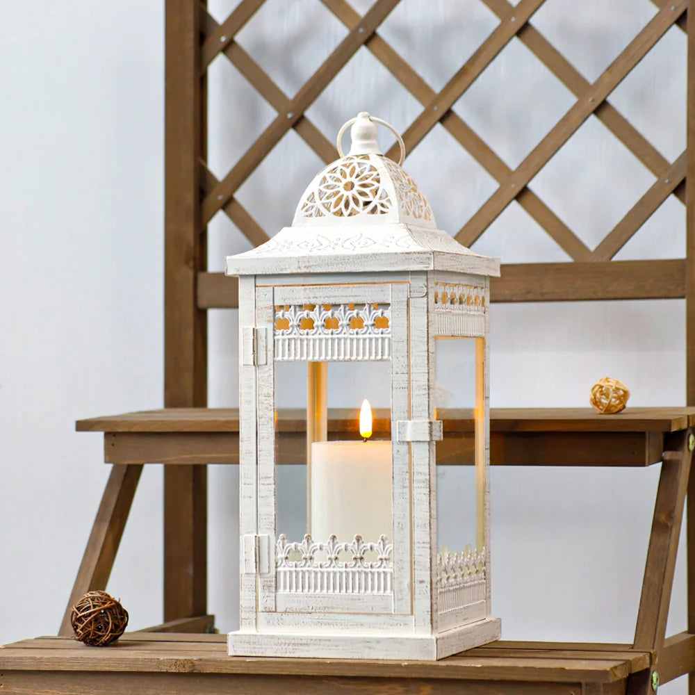 14.5" H Decorative Candle Lanterns（Beige with Gold Brush）