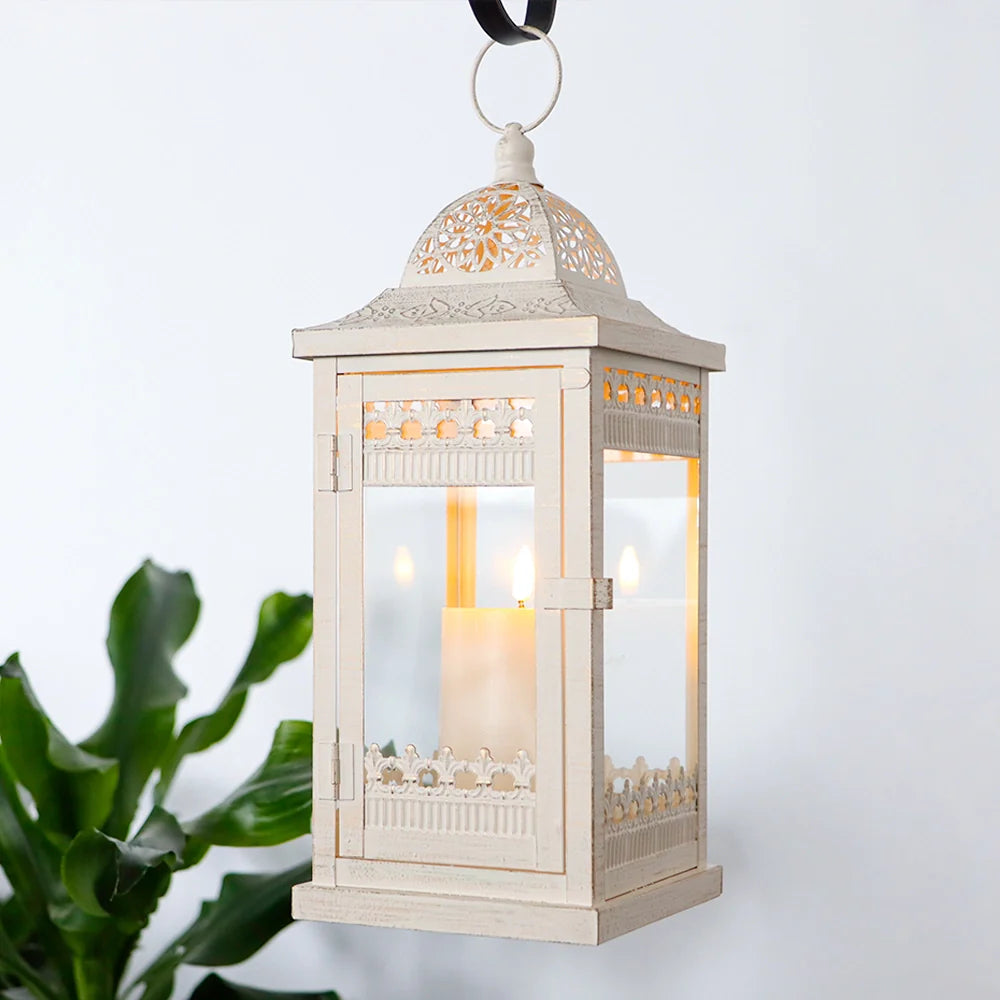 14.5" H Decorative Candle Lanterns（Beige with Gold Brush）