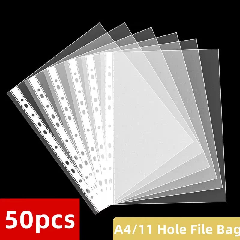50PCS A4 Clear PVC Sheet Multipurpose File 11-Hole Loose Leaf Page Document Punched Pocket Folder Sheet Protector for File Pape
