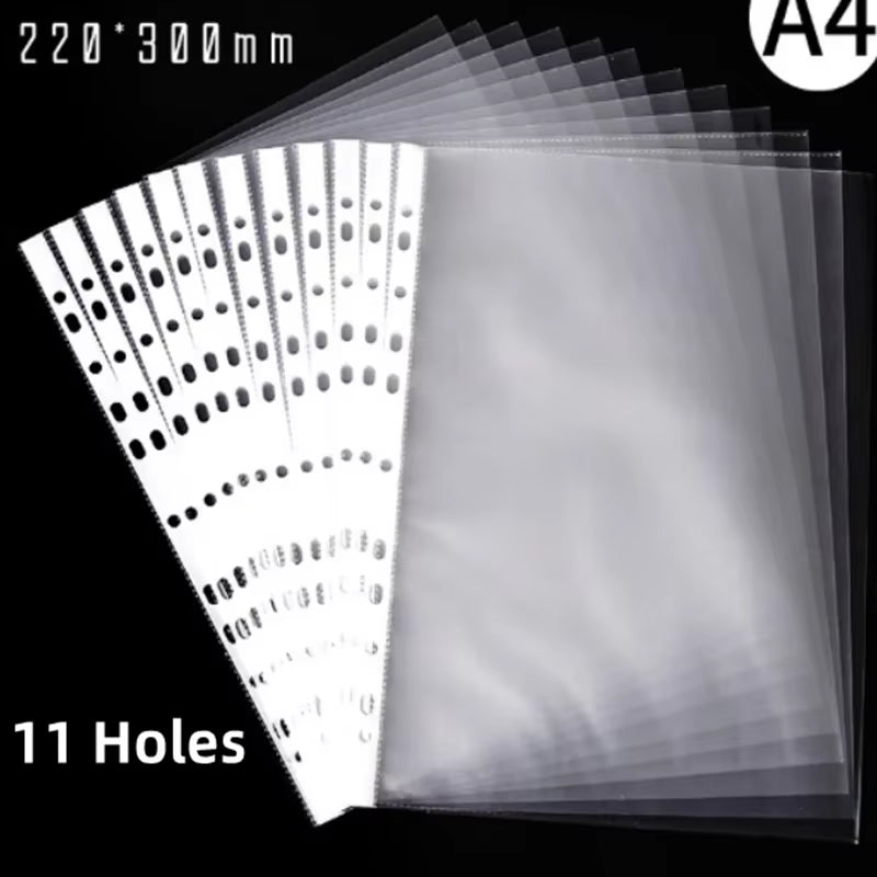 50PCS A4 Clear PVC Sheet Multipurpose File 11-Hole Loose Leaf Page Document Punched Pocket Folder Sheet Protector for File Pape