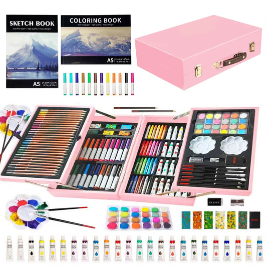 139 Pack Deluxe Portable Double Layers Wooden Coloring Drawing Kit with Sketch Pads, Art Set Gift for Artist Adults Beginners Kids (Pink)