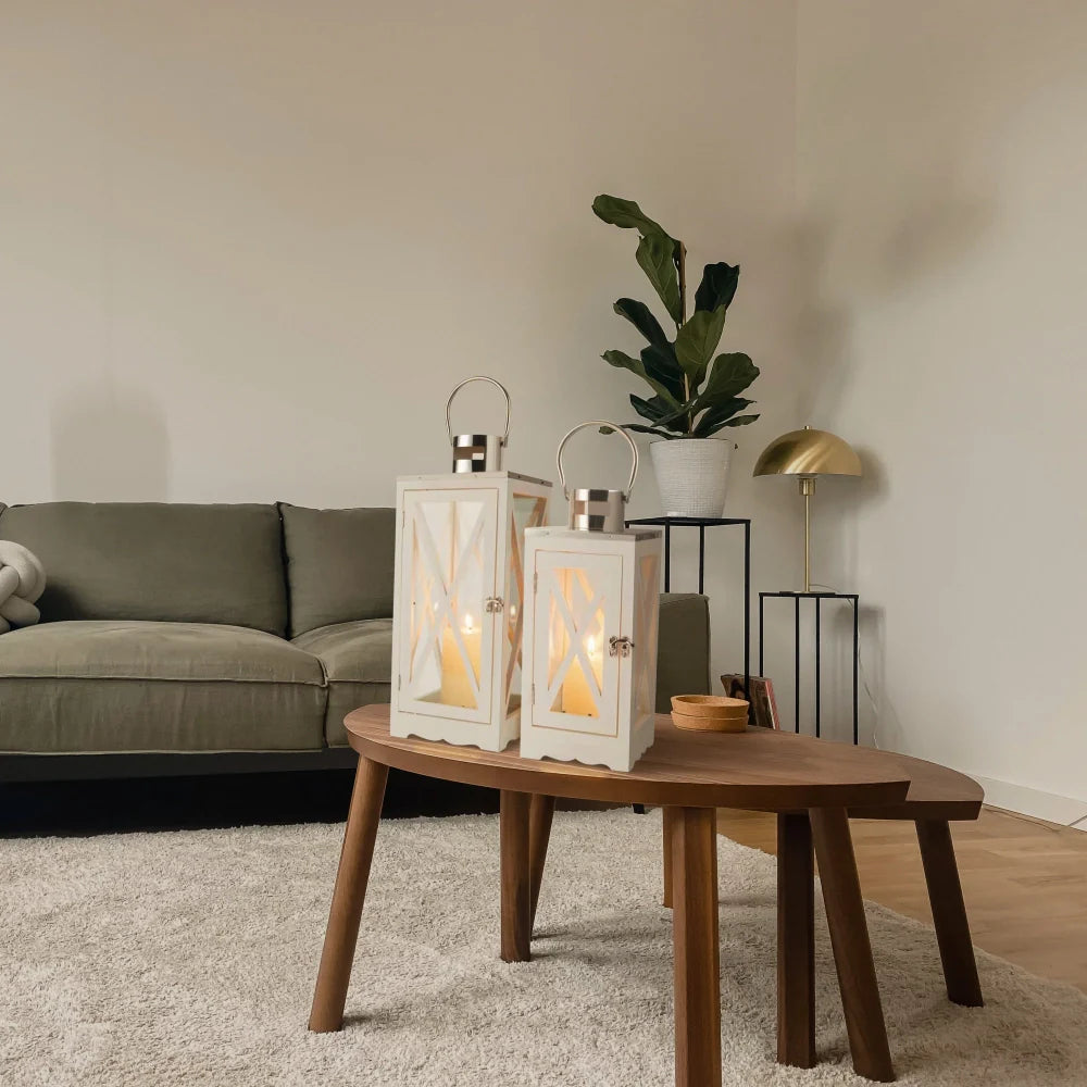 Set of 2 17.5''&24.5'' Farmhouse Wood Lantern (White Rectangle)