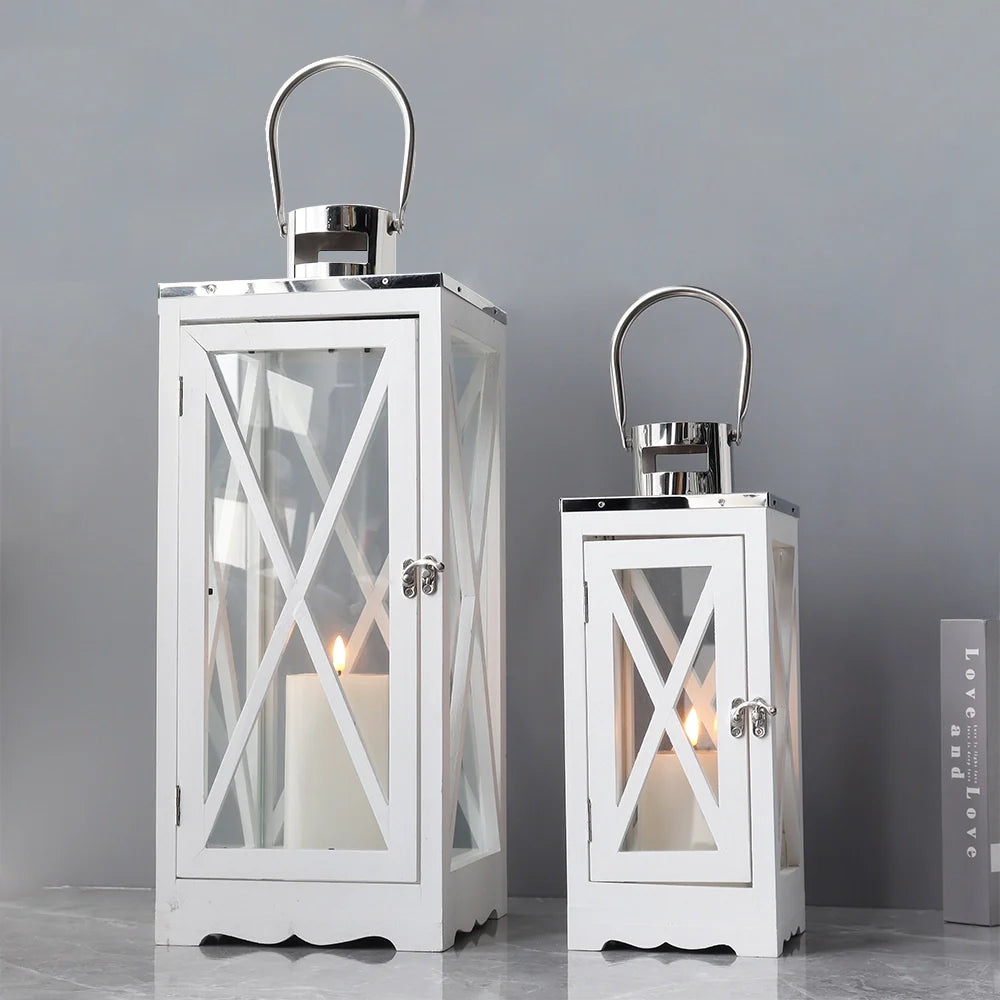 Set of 2 17.5''&24.5'' Farmhouse Wood Lantern (White Rectangle)