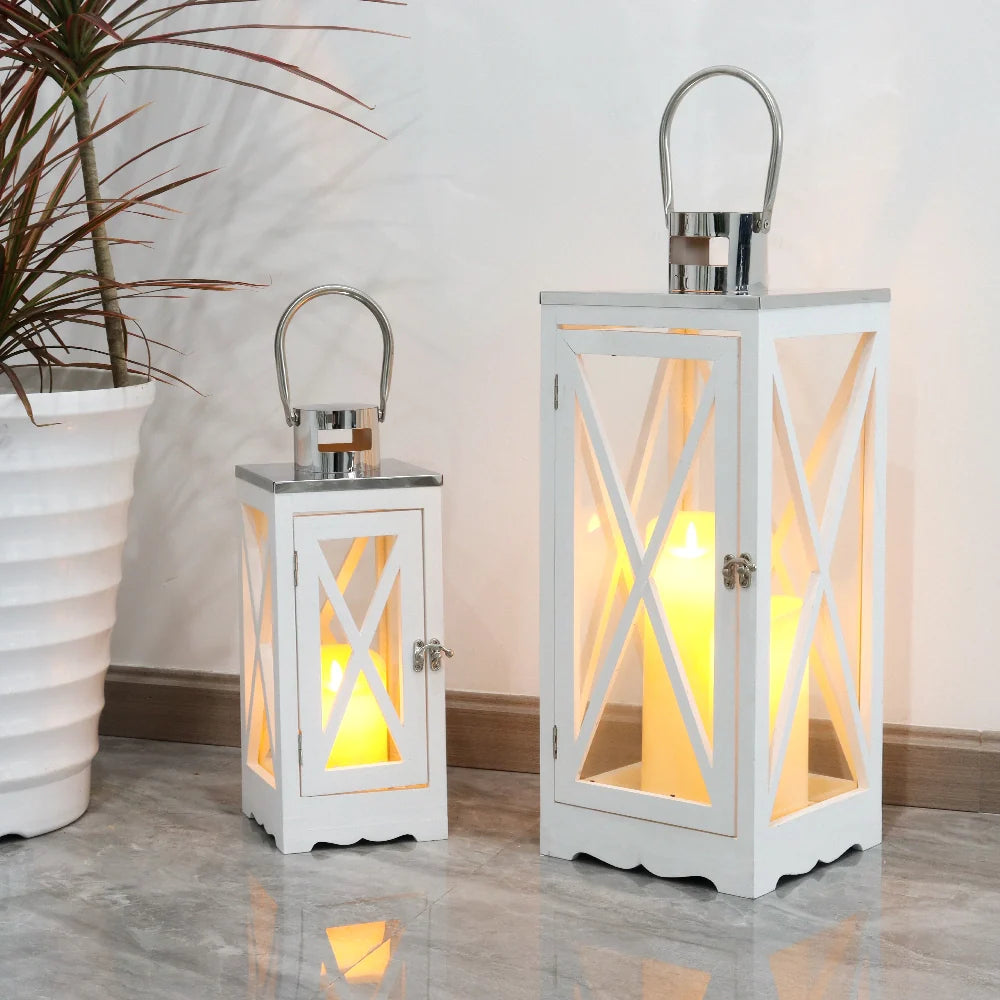 Set of 2 17.5''&24.5'' Farmhouse Wood Lantern (White Rectangle)