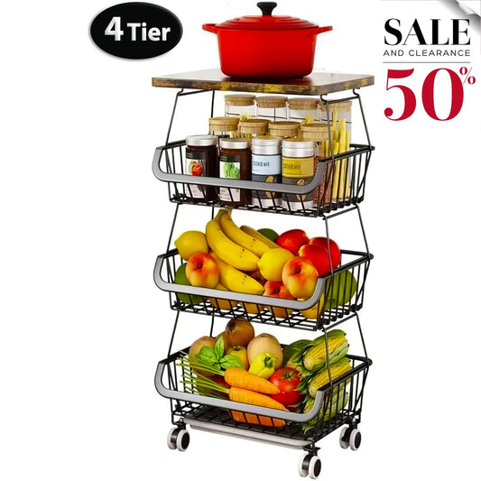 4/5/6 Tier Fruit Basket for Kitchen Organizers and Storage,with Solid Wood Top,Stackable Metal Wire Basket Stand Cart with Wheels for Fruit Vegetable