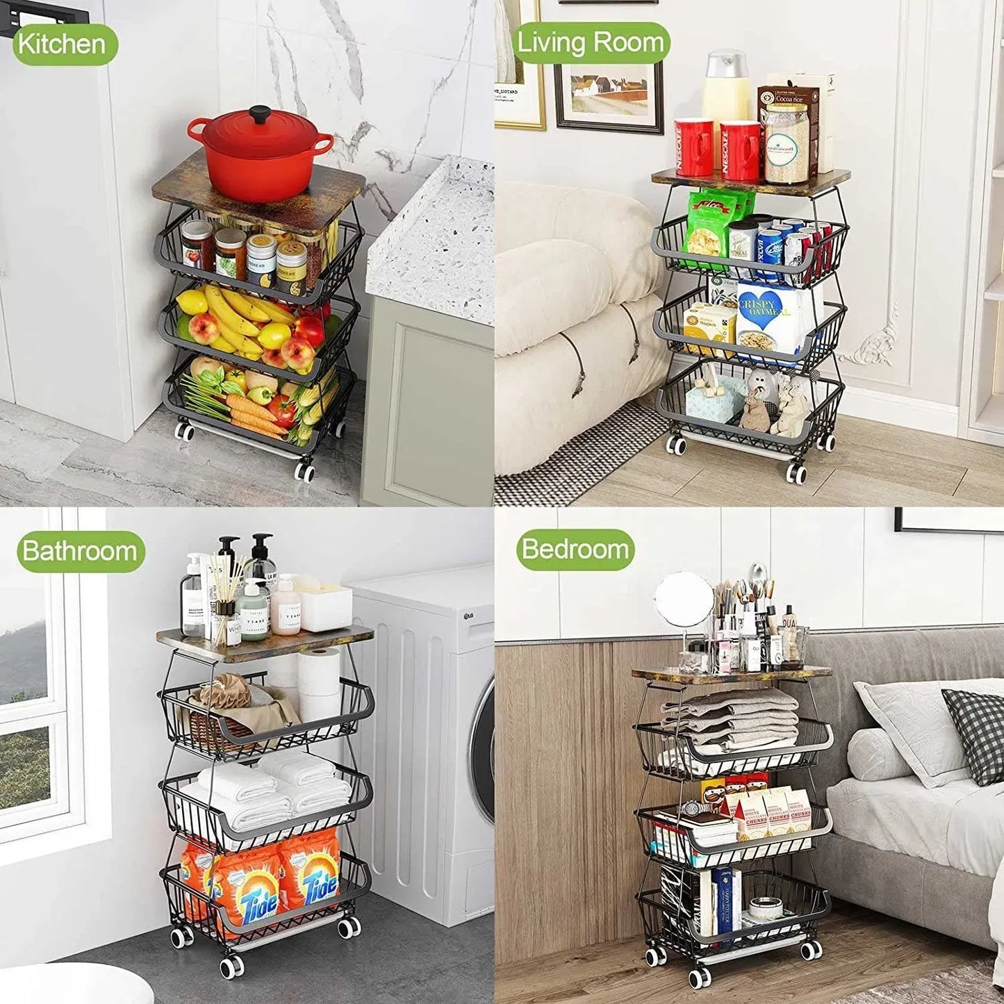 4/5/6 Tier Fruit Basket for Kitchen Organizers and Storage,with Solid Wood Top,Stackable Metal Wire Basket Stand Cart with Wheels for Fruit Vegetable