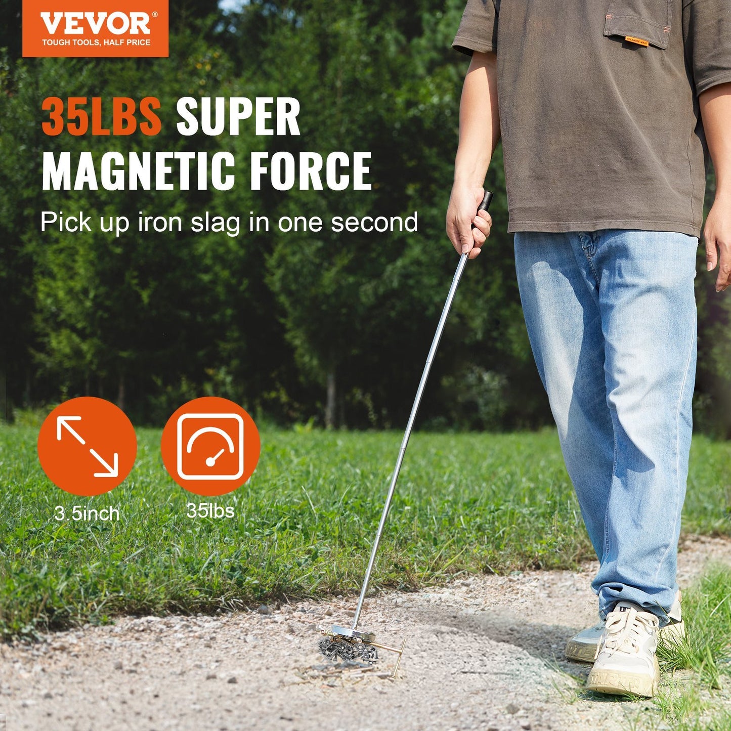 VEVOR Telescoping Magnetic Sweeper Pickup Tool, 3.5inch Handheld Screws Parts Finder with 35LB Pull Capacity, Retractable Handle 8.3 to 33 inches with Strong Magnet, Pick up Nails Screws Metal Parts