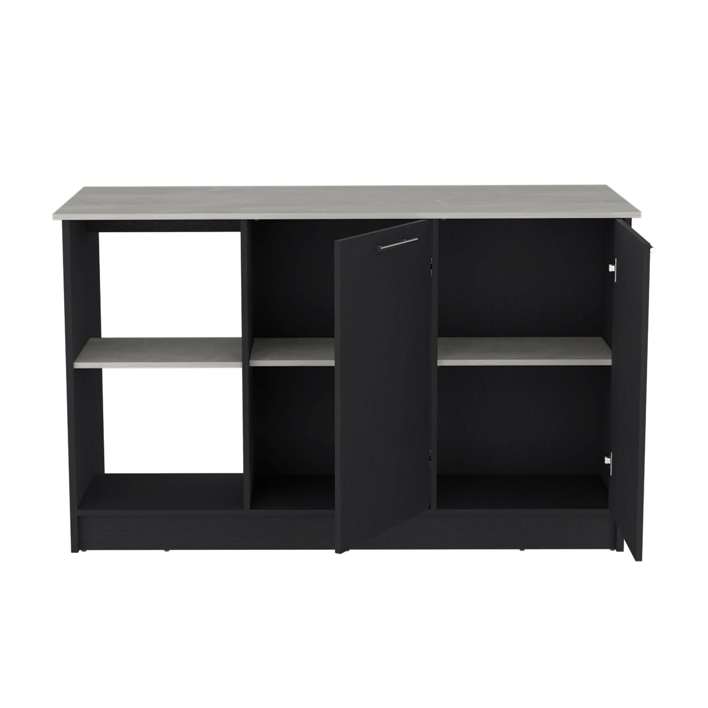 Kitchen Island with Large Countertop, Open Storage Shelves and Double Door Cabinet, Black / Onyx