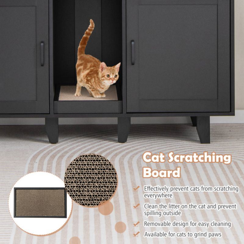 2-Door Cat Litter Box Enclosure with Winding Entry and Scratching Board