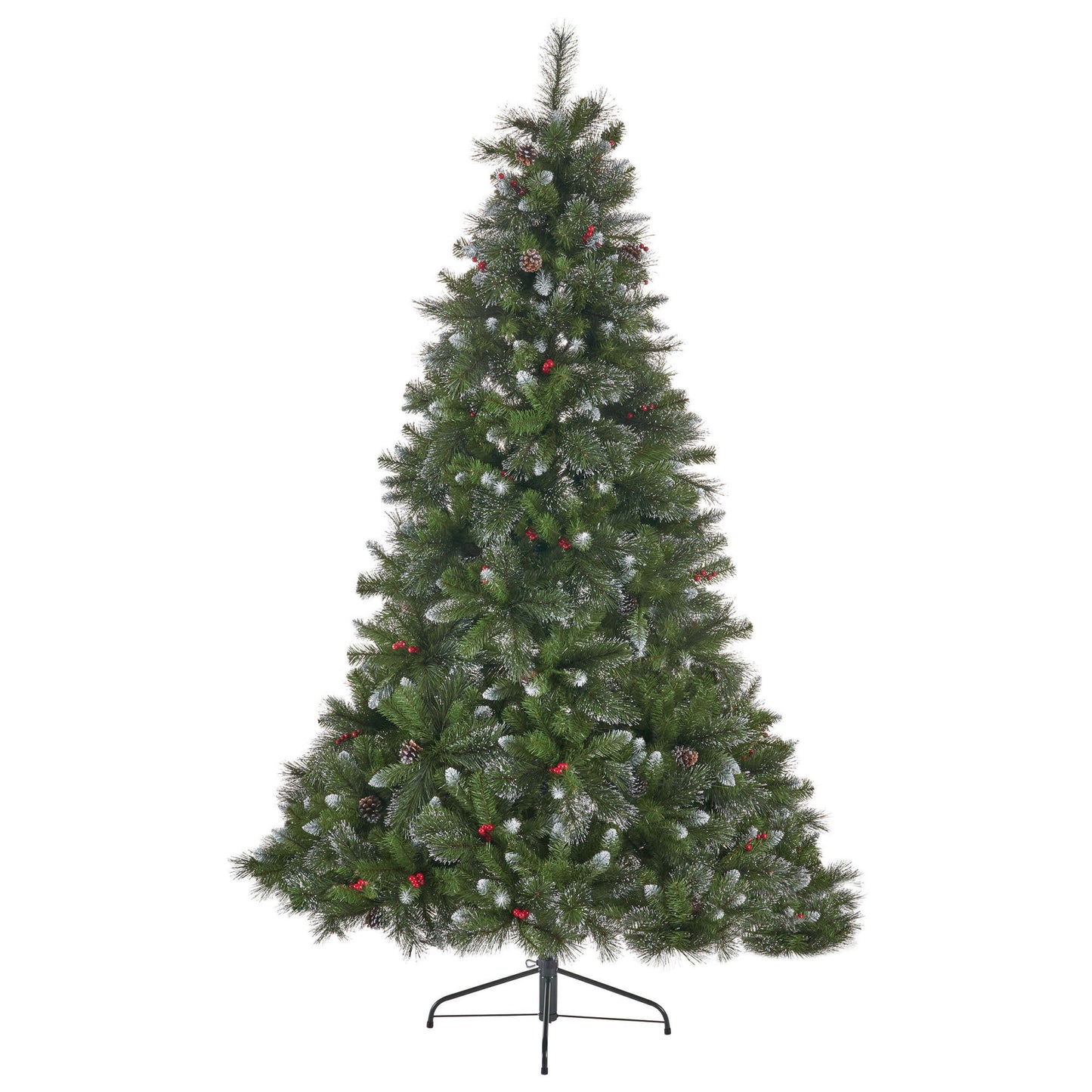 9' Glitter Bristle Mixed Hinged Tree with 72 Red Berry and 73 Pine Cones and 2099 tips,Dia:66