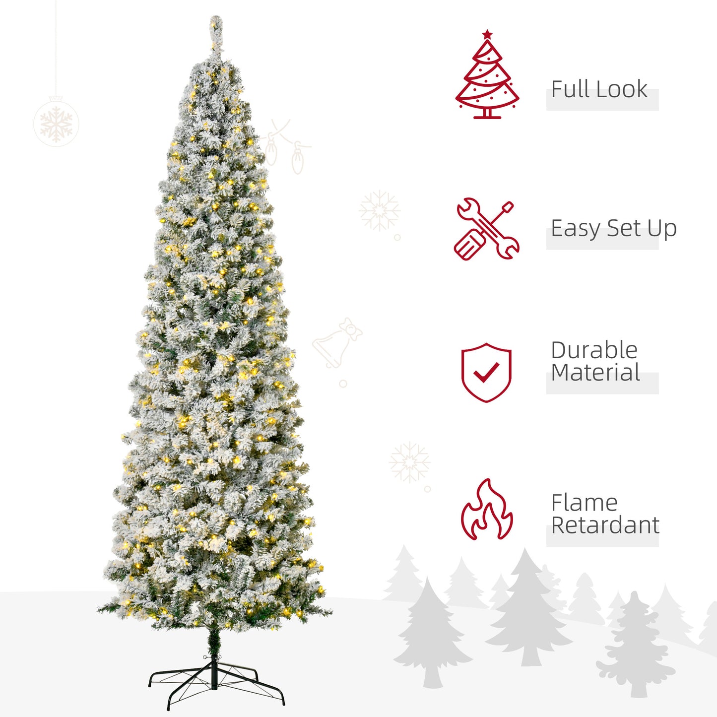 9ft Pre-Lit Snow-Flocked Slim Douglas Fir Artificial Christmas Tree with Realistic Branches, 550 LED Lights and 988 Tips