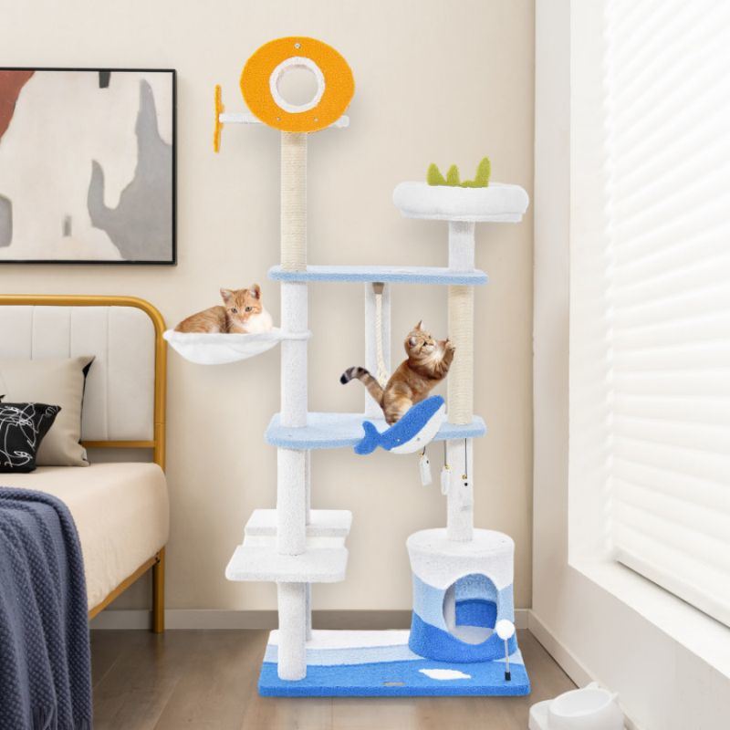 Multi-level Ocean-themed Cat Tree Tower with Sisal Covered Scratching Posts