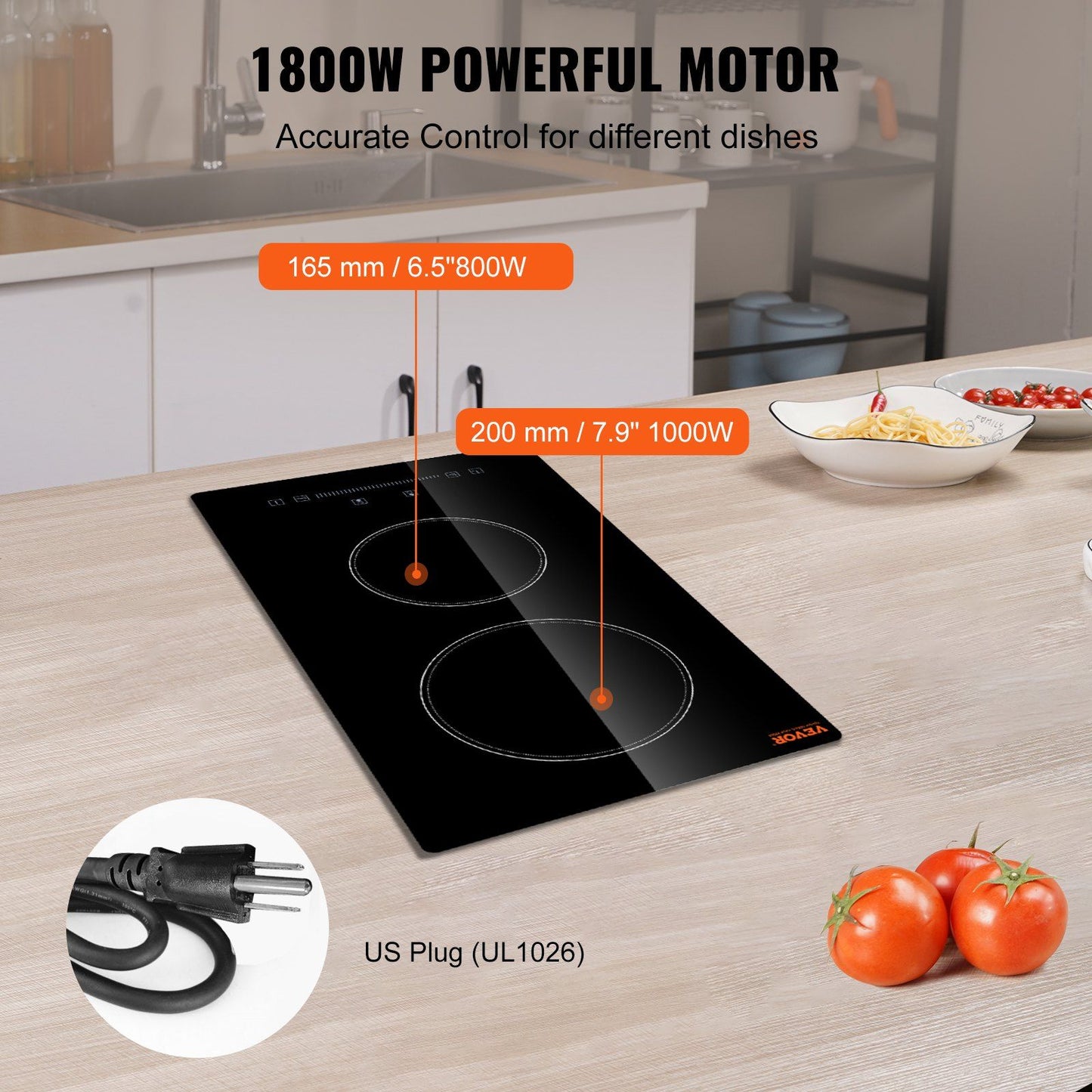 VEVOR Built in Electric Stove Top, 20 x 11.6 inch 2 Burners, 110V Glass Radiant Cooktop with Sensor Touch Control, Timer & Child Lock Included, 9 Power Levels for Simmer Steam Slow Cook Fry