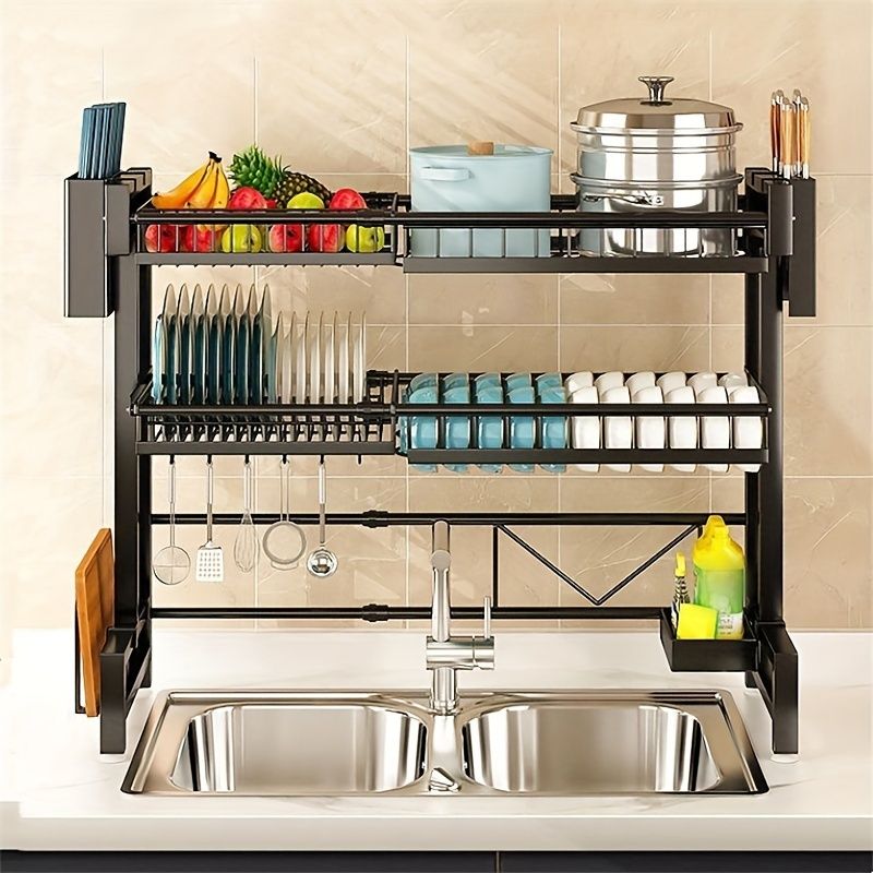 1 piece countertop dish storage drain rack retractable kitchen sink rack dish rack drain rack black kitchen storage rack