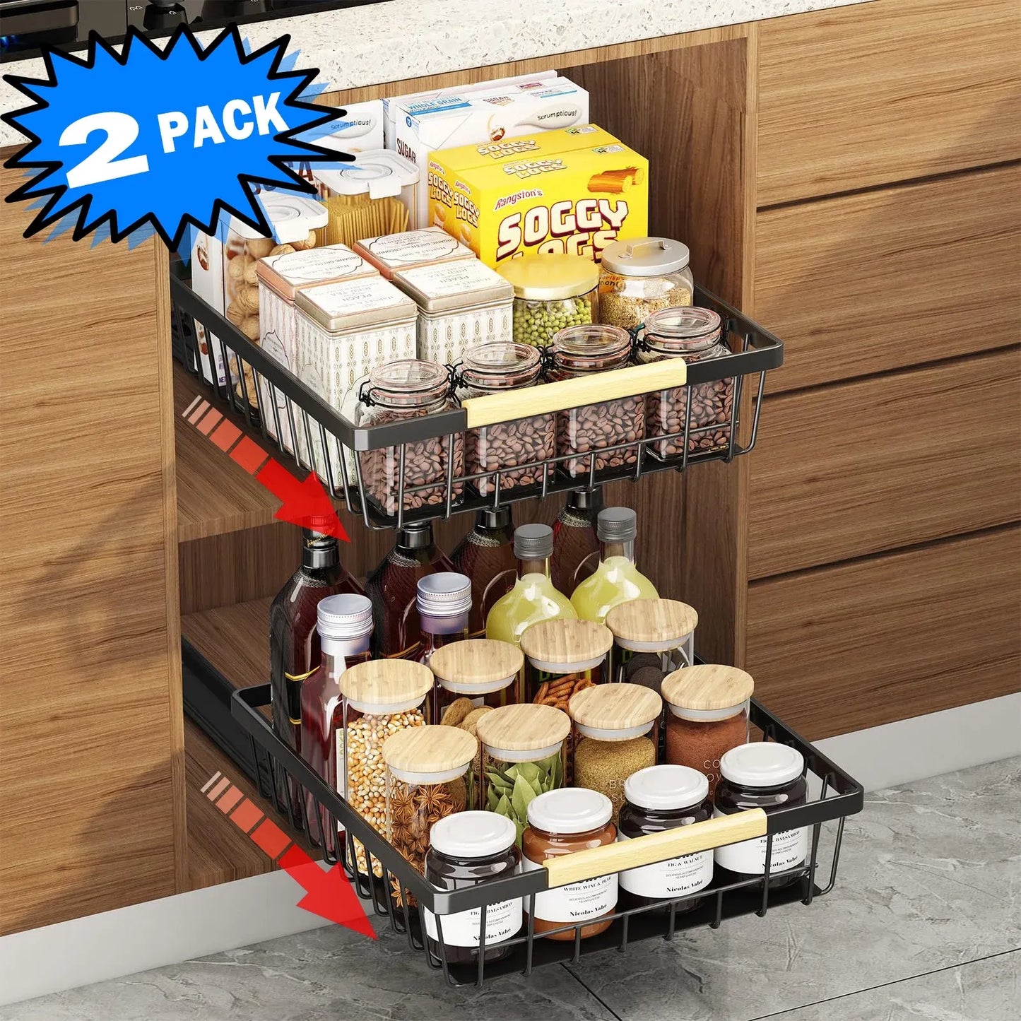 Pull Out Cabinet Organizer, Metal Slide Out Drawers for Cabinets, Sliding Drawers Adhesive Nano Film Roll out Shelf for Kitchen Pantry Bedroom