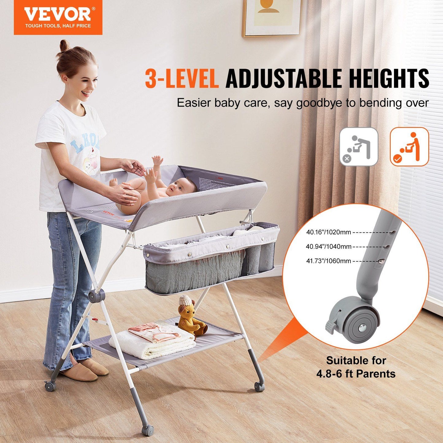 Baby Changing Table, Folding Diaper Changing Station with Lockable Wheels, Portable Changing Table 3-level Adjustable Heights, with Storage Basket & Hanging Racks for Newborns & Infant